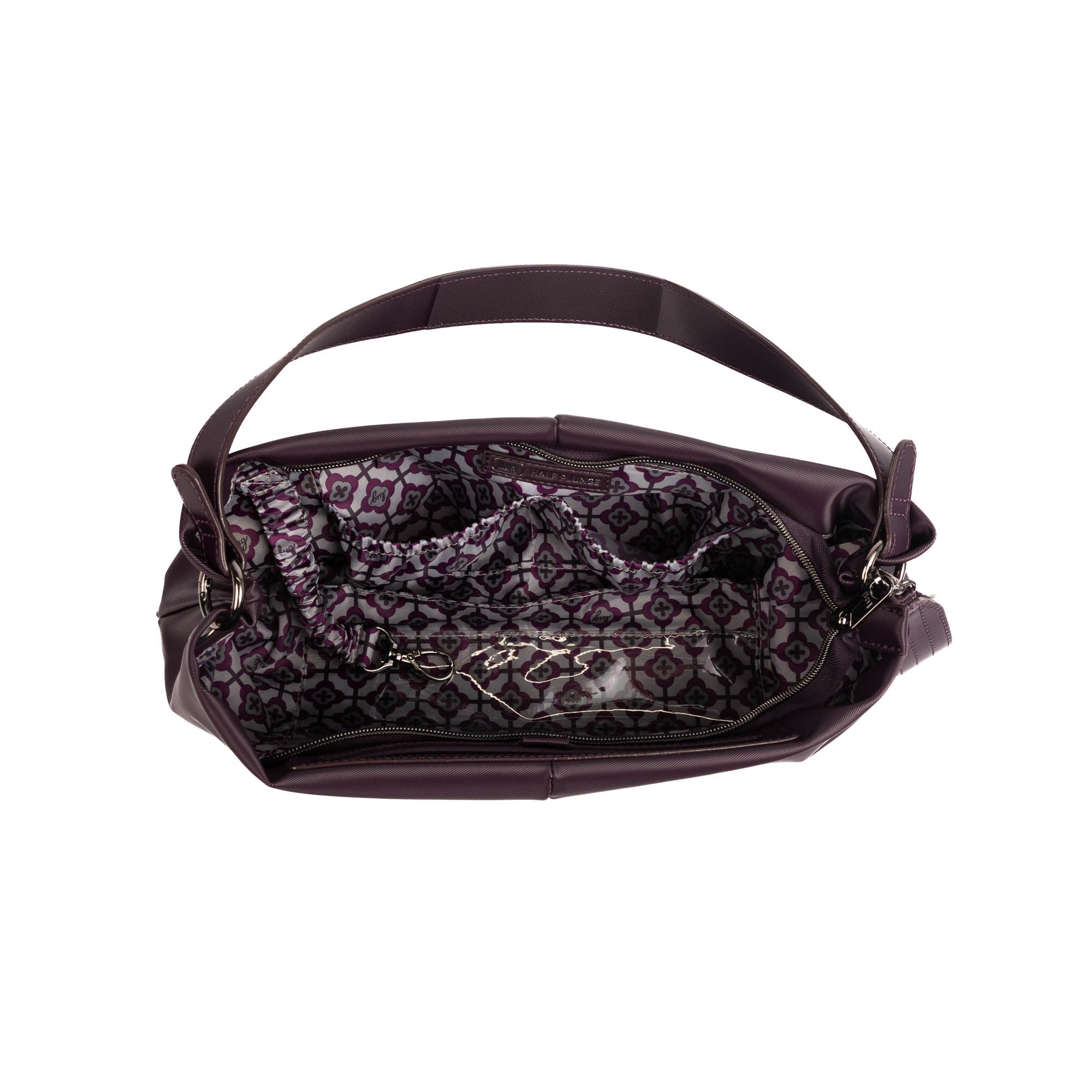 Lug Half Plunge Satin Luxe VL Crossbody Bag in plum, angled view showing sleek satin finish and compact design.