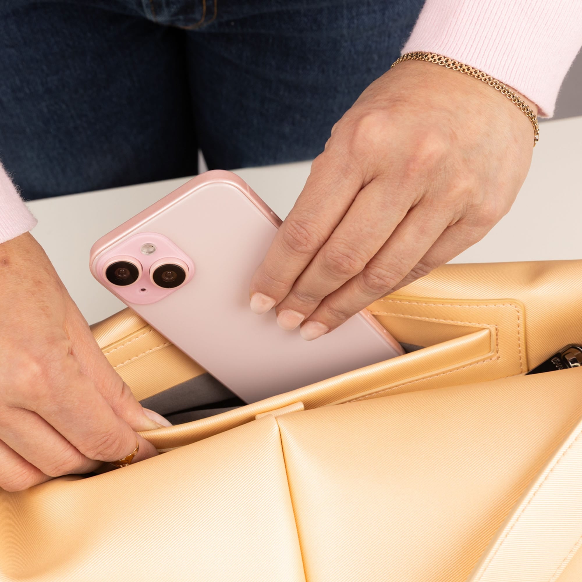 Half Plunge Satin Luxe VL Crossbody Bag - - 25580_HalfPlungeSL_MetallicRoseGold_Lifestyle_02