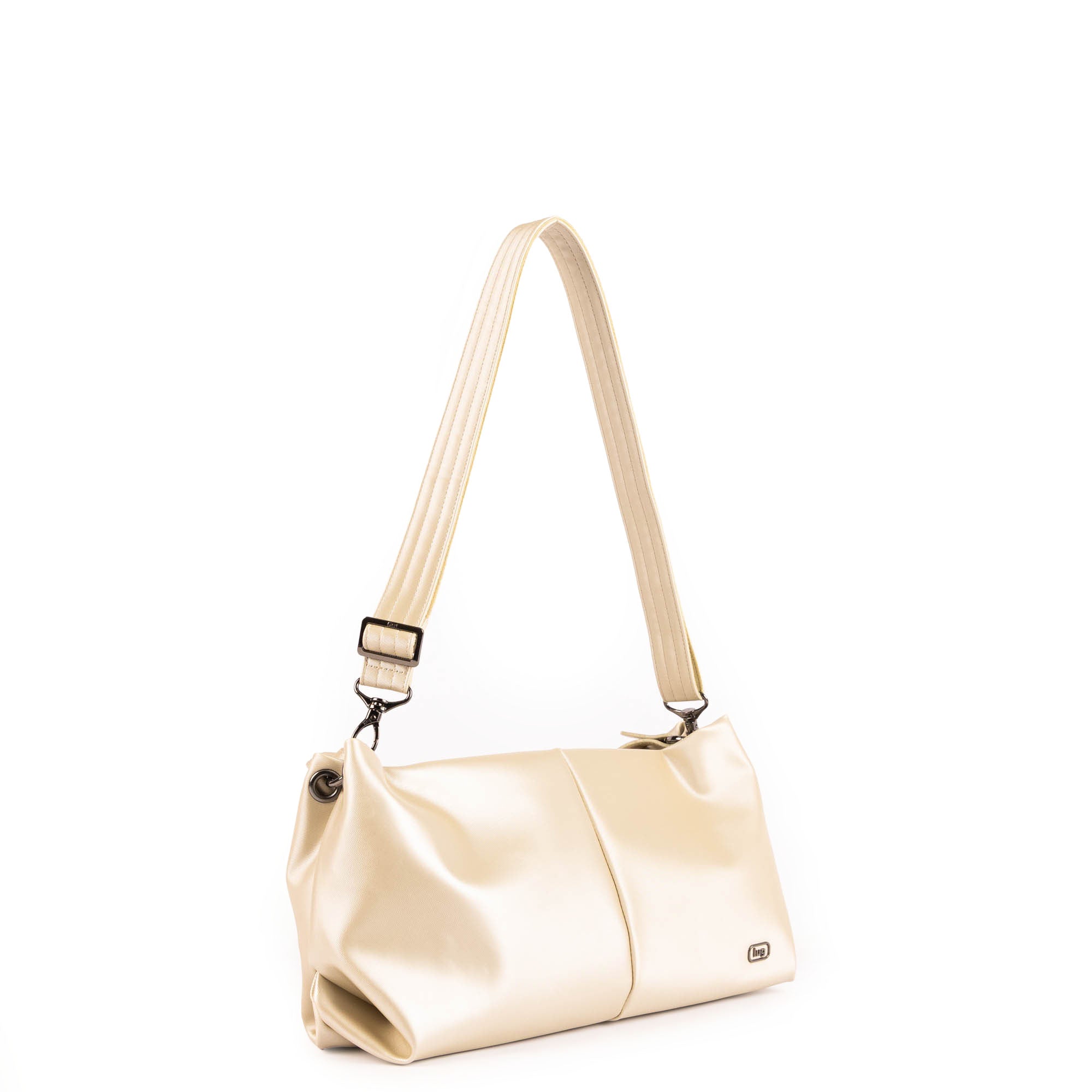 Lug Half Plunge Satin Luxe VL crossbody bag in metallic champagne with sleek design and adjustable strap.