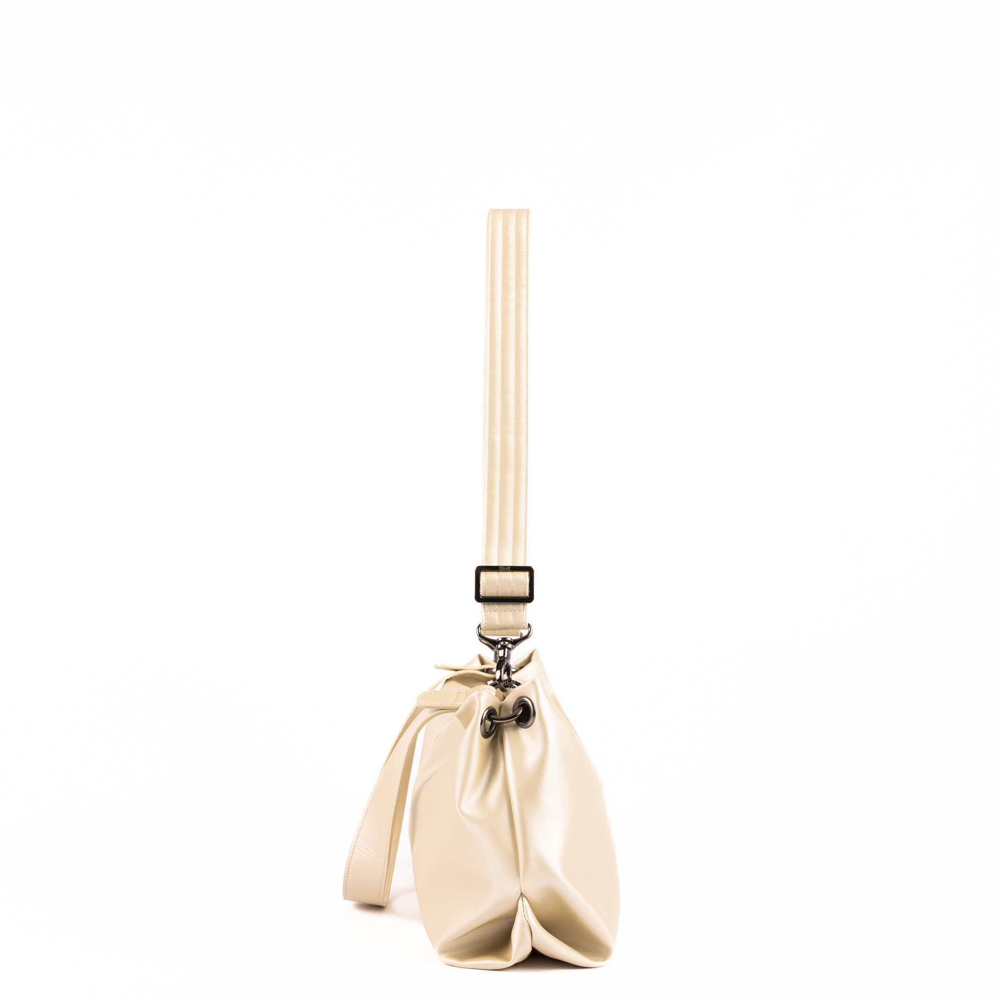 Lug Half Plunge Satin Luxe VL Crossbody Bag in metallic champagne with sleek design and adjustable strap, shown from an angled view.