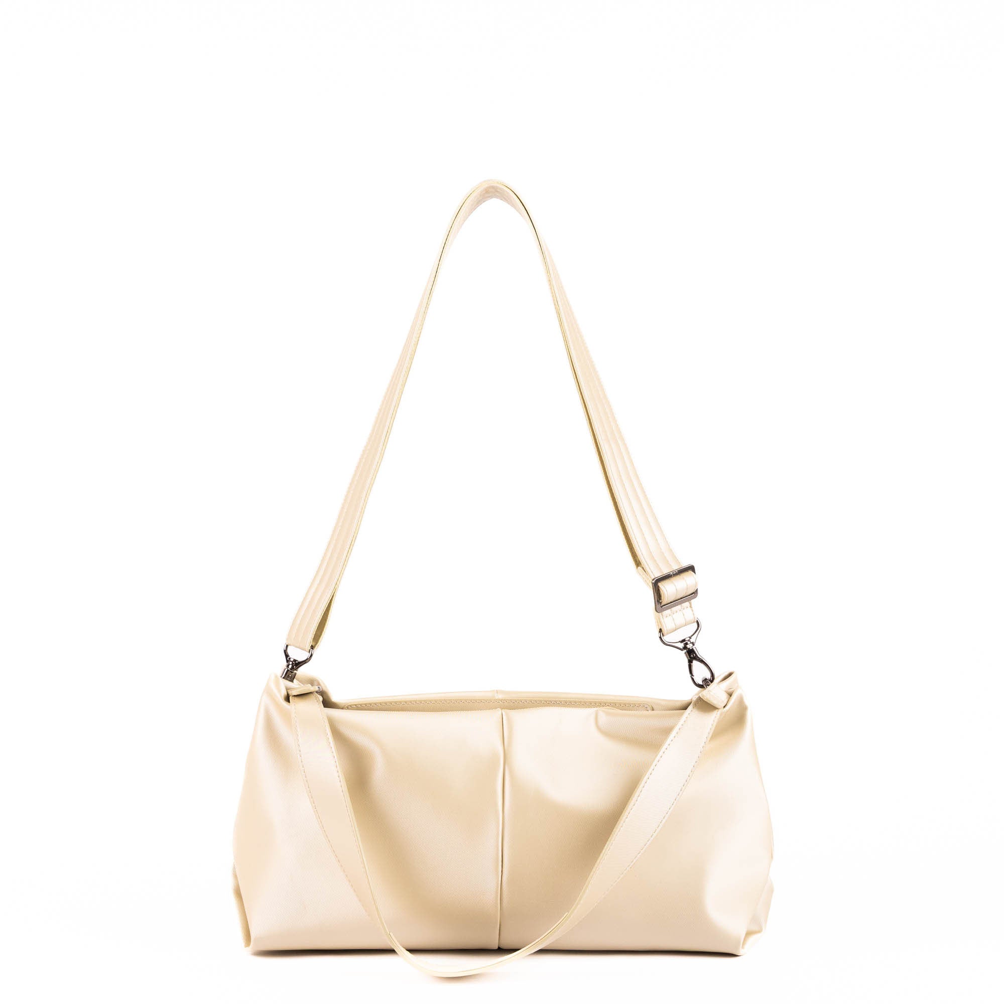 Lug Half Plunge Satin Luxe VL crossbody bag in metallic champagne with sleek design and adjustable strap.