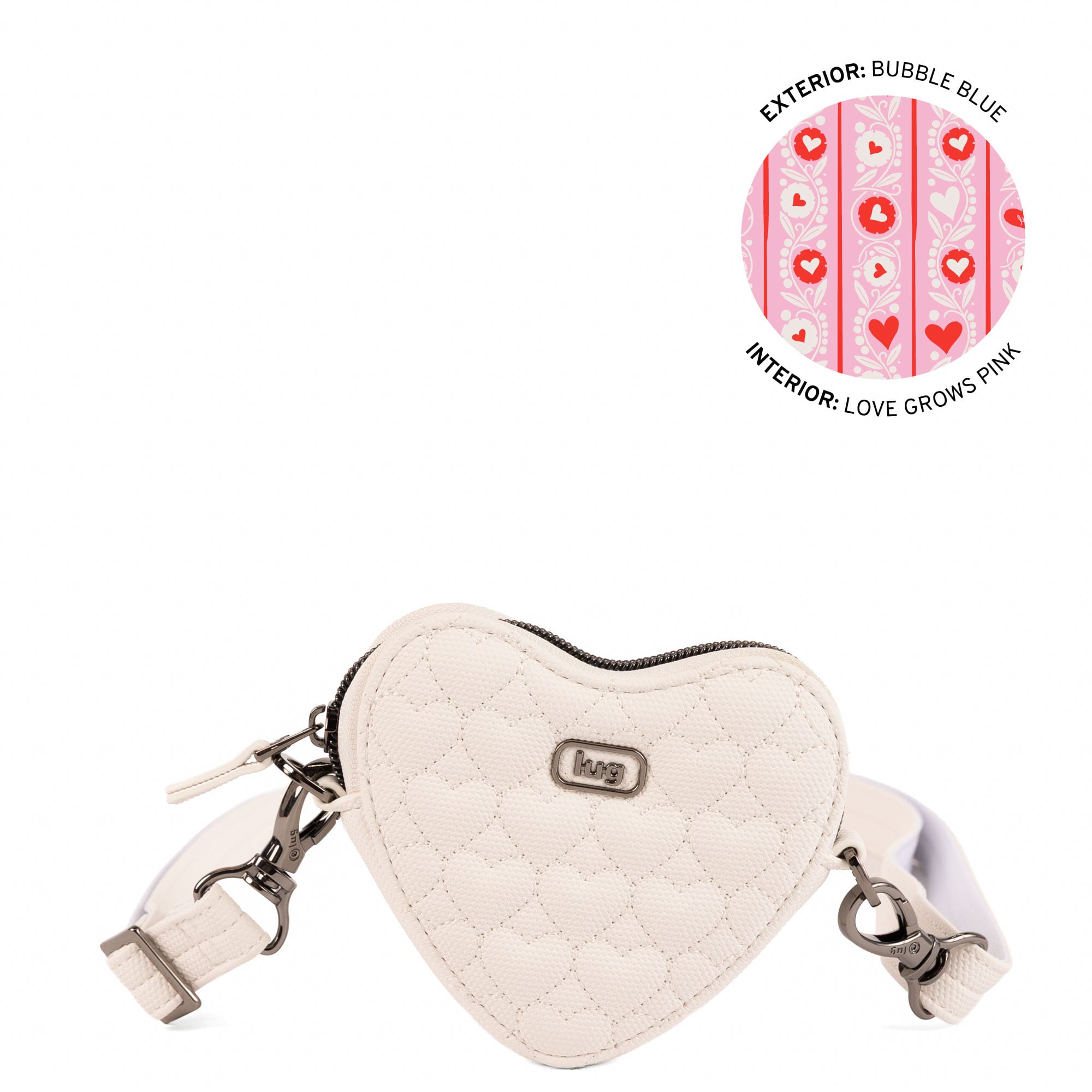 White Heartbeat Matte Luxe VL Mini crossbody bag by Lug, featuring sleek design and compact size, angled view showing textured surface.