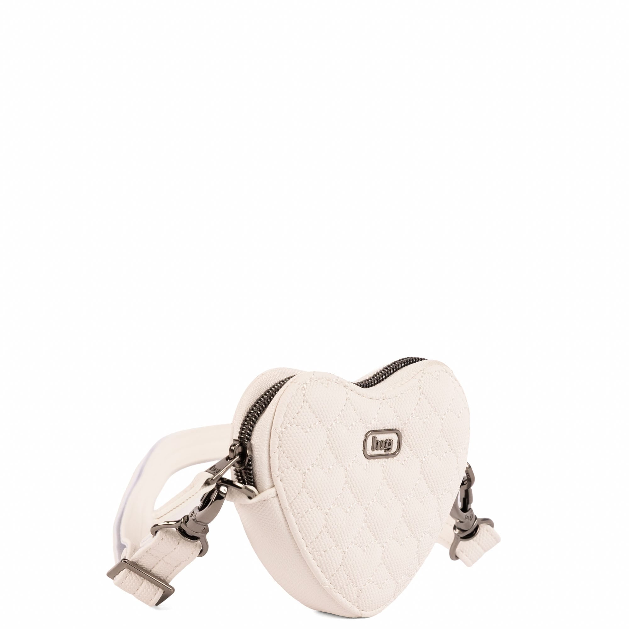 White Heartbeat Matte Luxe VL mini crossbody bag by Lug, showing front view with adjustable strap and sleek design.