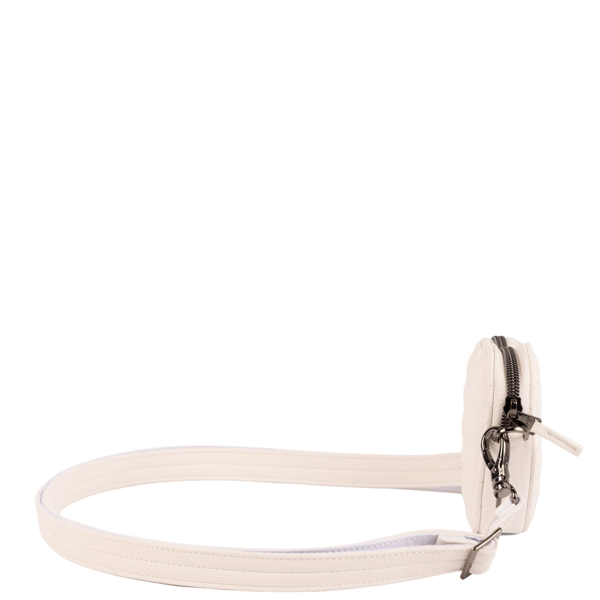 Lug Heartbeat Matte Luxe VL Mini Crossbody Bag in white with sleek design and adjustable strap, angled view showing front and side details.
