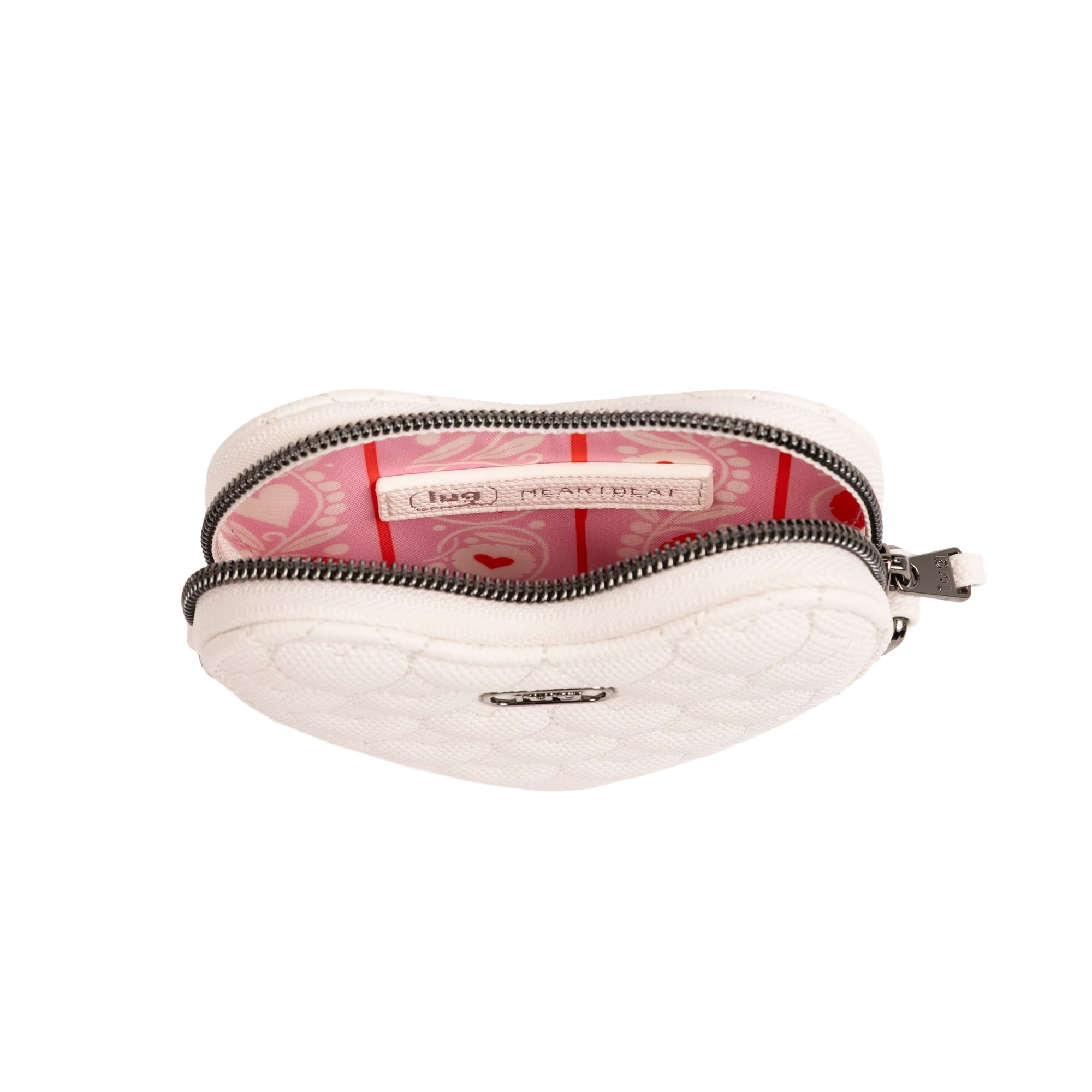 White Heartbeat Matte Luxe VL Mini Crossbody Bag by Lug, featuring sleek design and adjustable strap, shown from an angled view.
