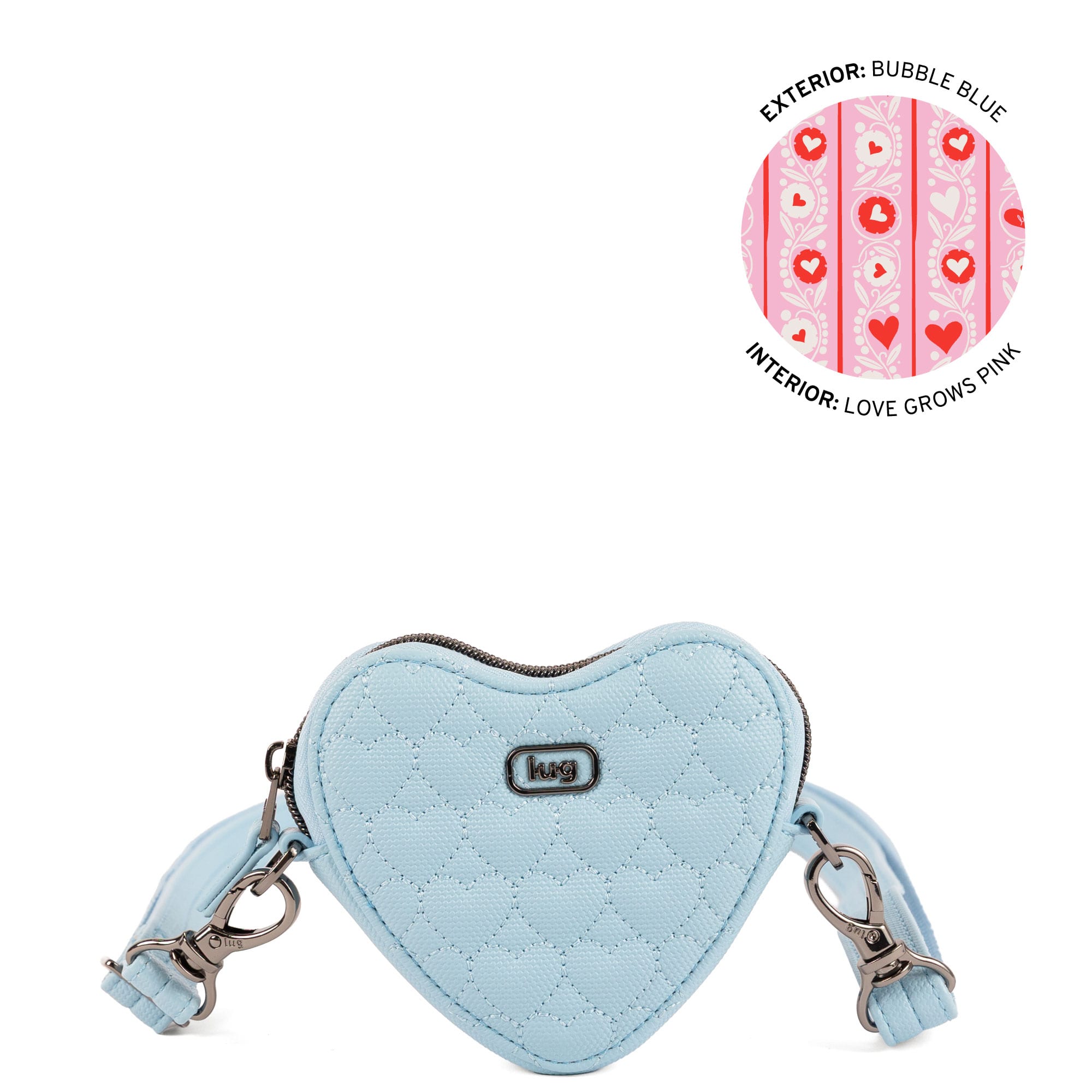 Lug Heartbeat Matte Luxe VL Mini Crossbody Bag in Bubble Blue, angled view showing textured matte finish and compact design.