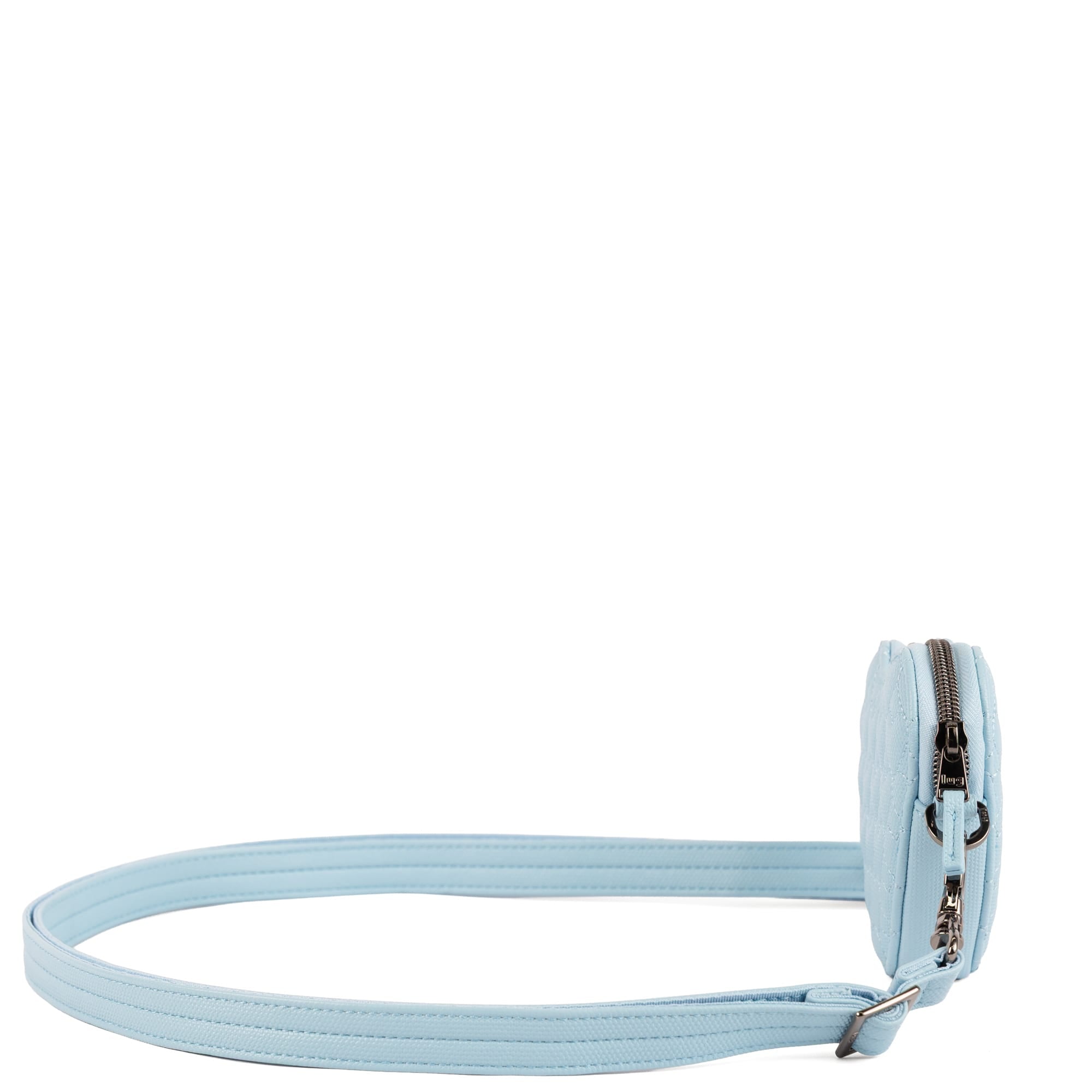 Lug Heartbeat Matte Luxe VL Mini Crossbody Bag in Bubble Blue, angled view showing compact size and sleek matte finish.