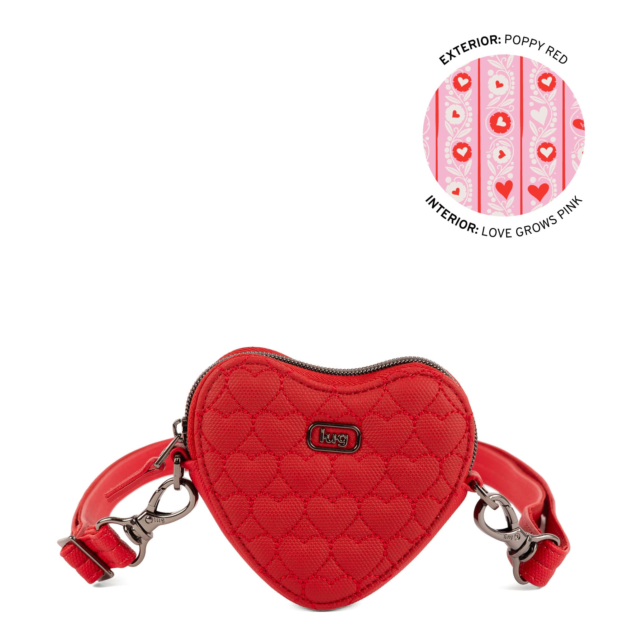 Poppy red Heartbeat Matte Luxe VL mini crossbody bag by Lug, showing angled view of stylish, compact leather purse with adjustable strap.