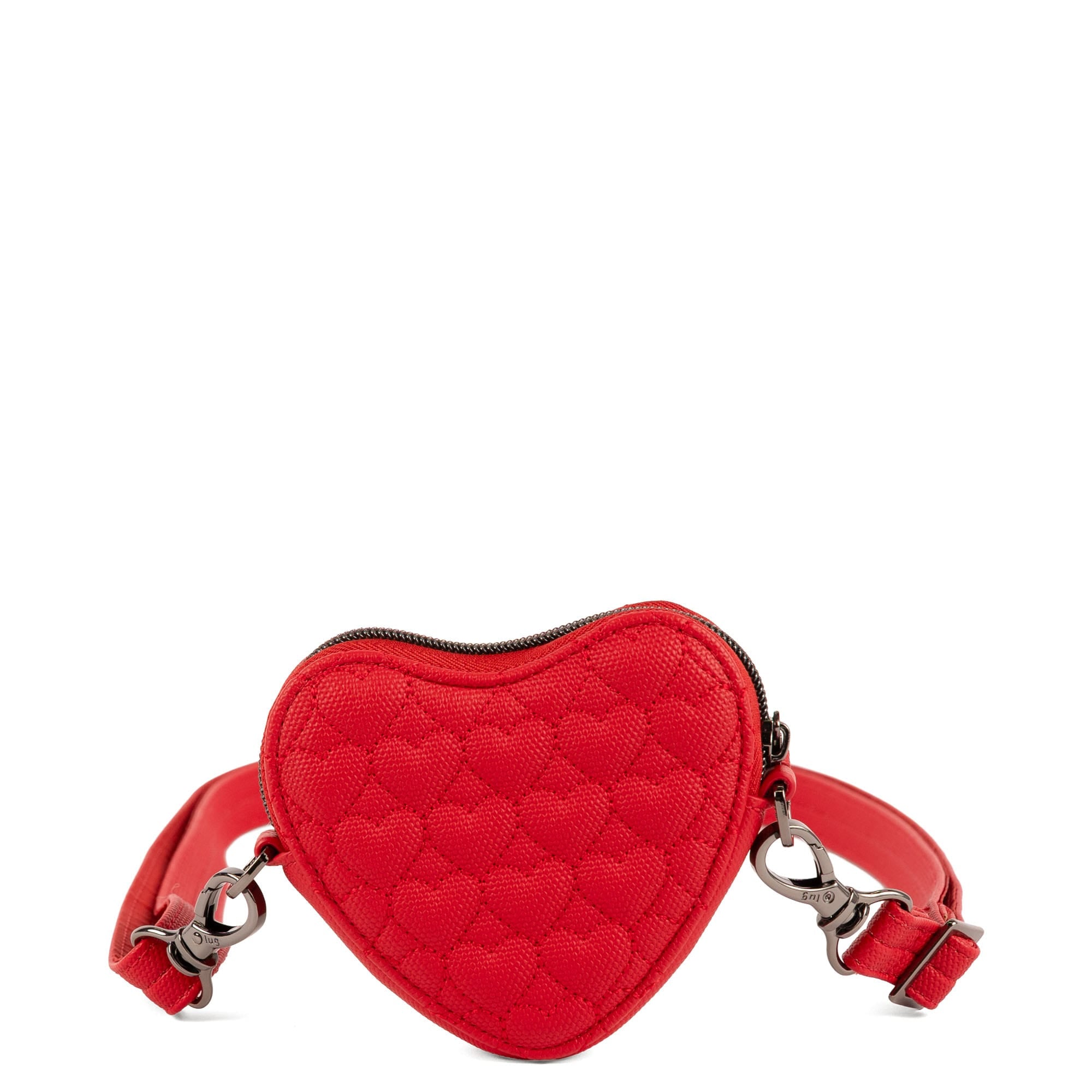 Poppy red Heartbeat Matte Luxe VL mini crossbody bag by Lug with sleek design and adjustable strap, shown from an angled view.