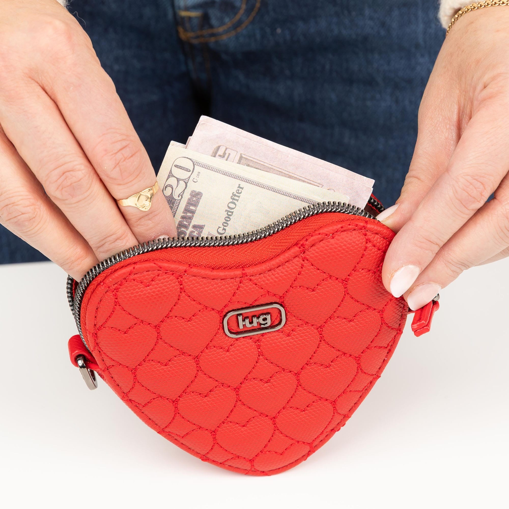 Lug Heartbeat Matte Luxe VL mini crossbody bag in vibrant Poppy Red with sleek matte finish and adjustable strap.