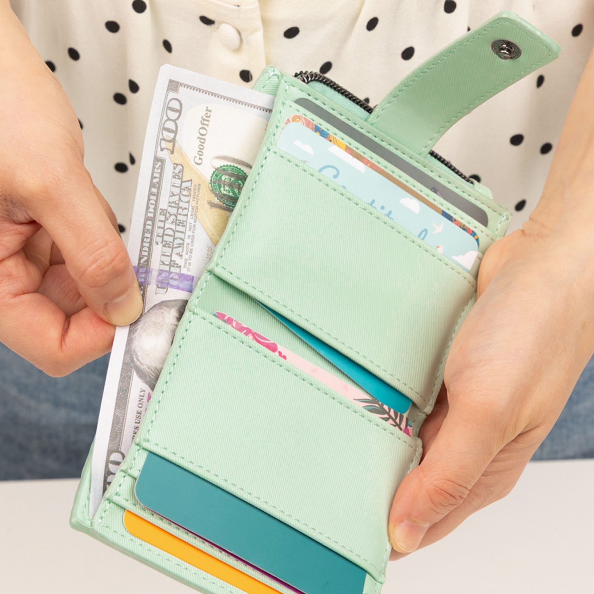 Hurdle Satin Luxe VL RFID Wallet - - 26130_HurdleSL_MistGreen_Lifestyle_04