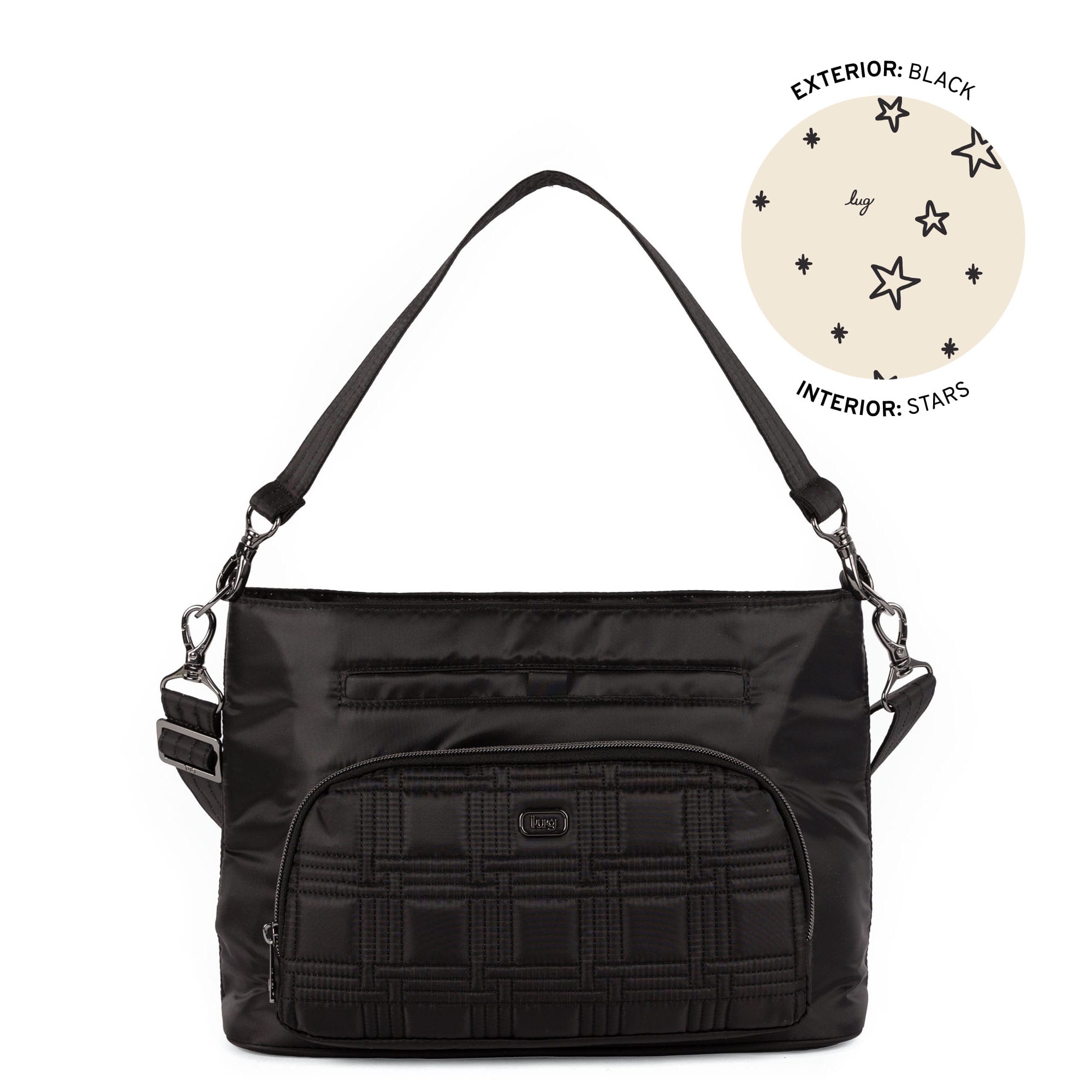 Lug Samba 2 convertible black crossbody bag with adjustable strap and sleek design, shown from an angled view.