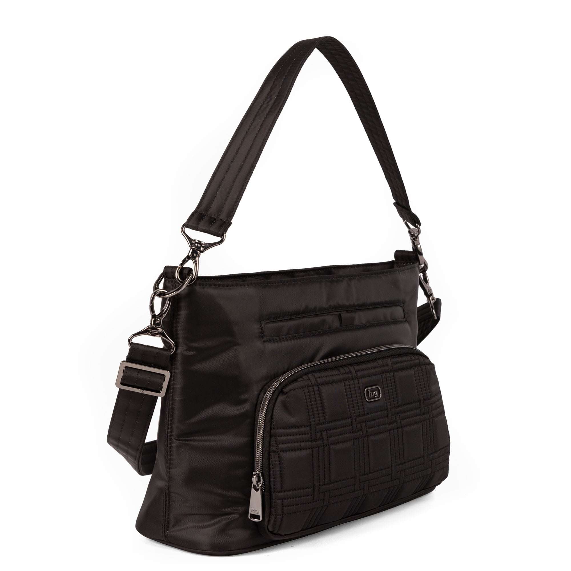 Lug Samba 2 convertible crossbody bag in black, showing a side angle with adjustable strap and sleek design.