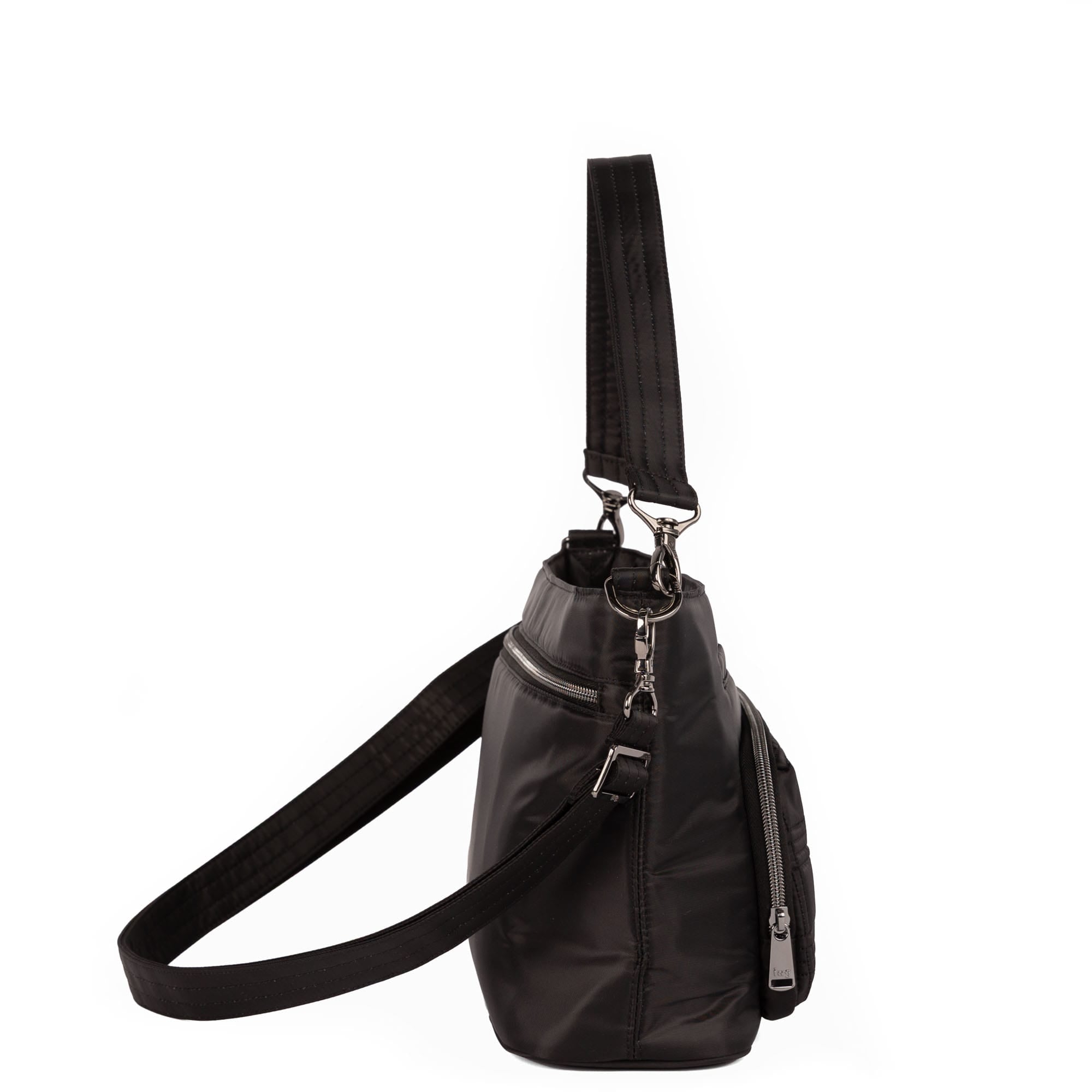 Lug Samba 2 convertible black crossbody bag with adjustable strap and multiple compartments, shown from an angled side view.