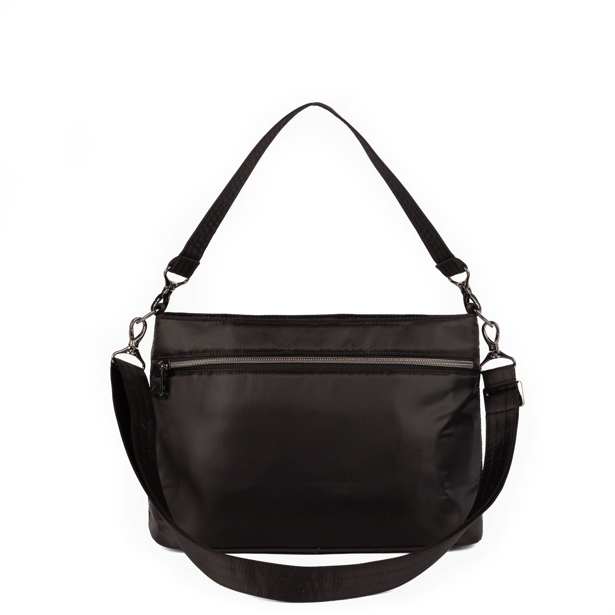 Lug Samba 2 convertible black crossbody bag with adjustable strap and multiple compartments, angled view showing front and side details.