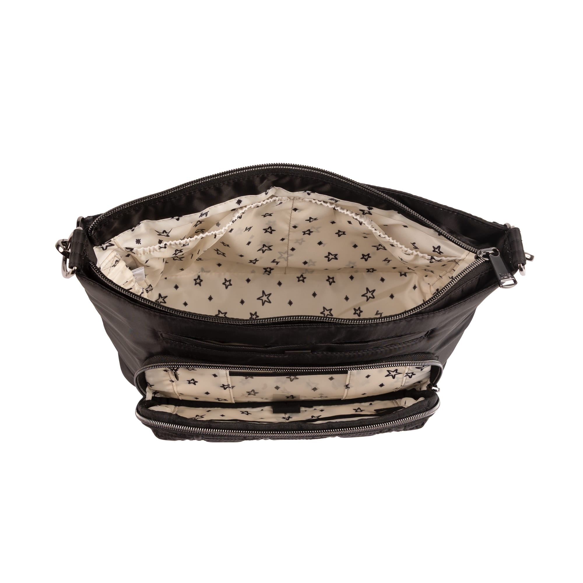 Lug Samba 2 convertible black crossbody bag with adjustable strap and sleek design, shown from an angled view.