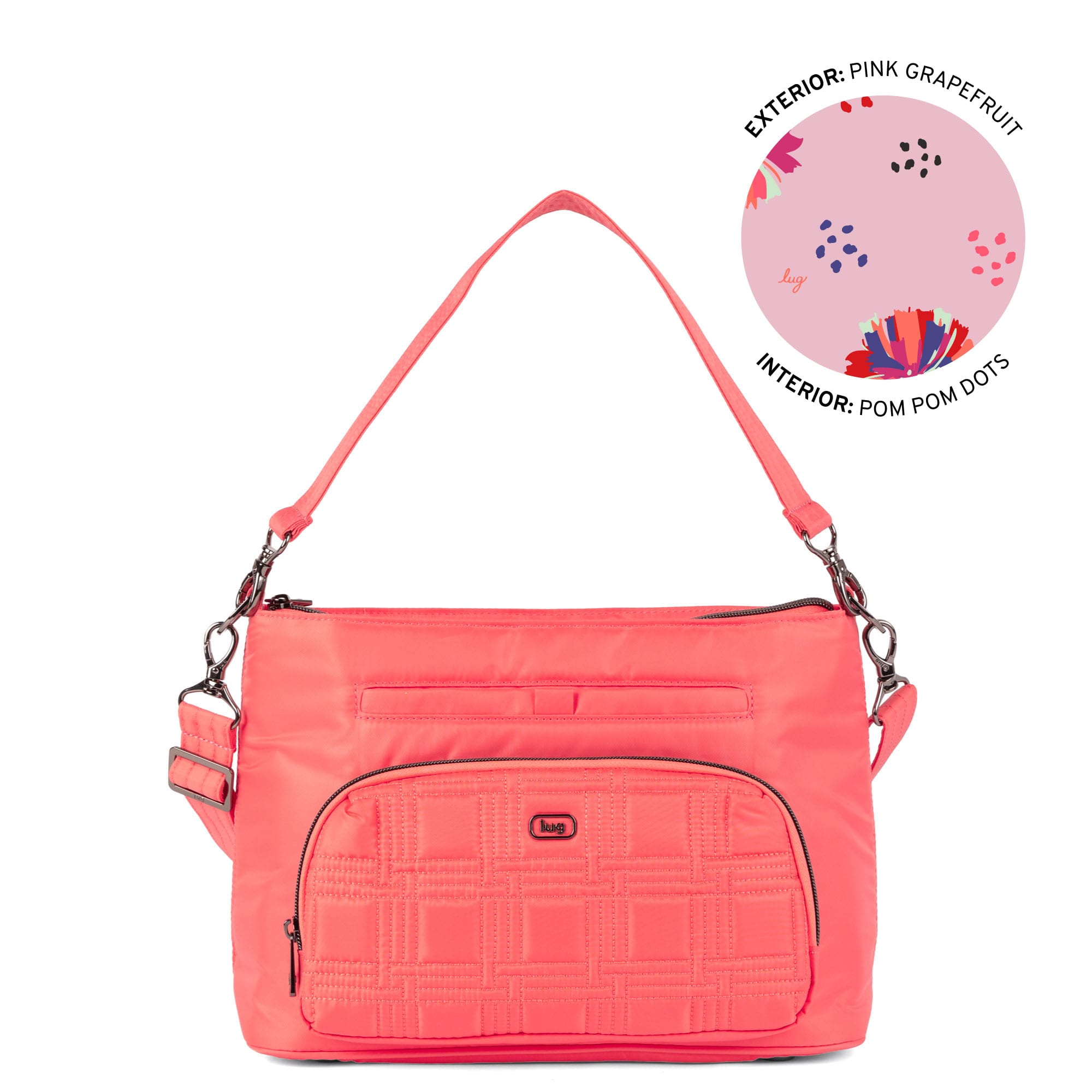 Lug Samba 2 Convertible Crossbody Bag in pink grapefruit, angled view showing adjustable strap and compact design.