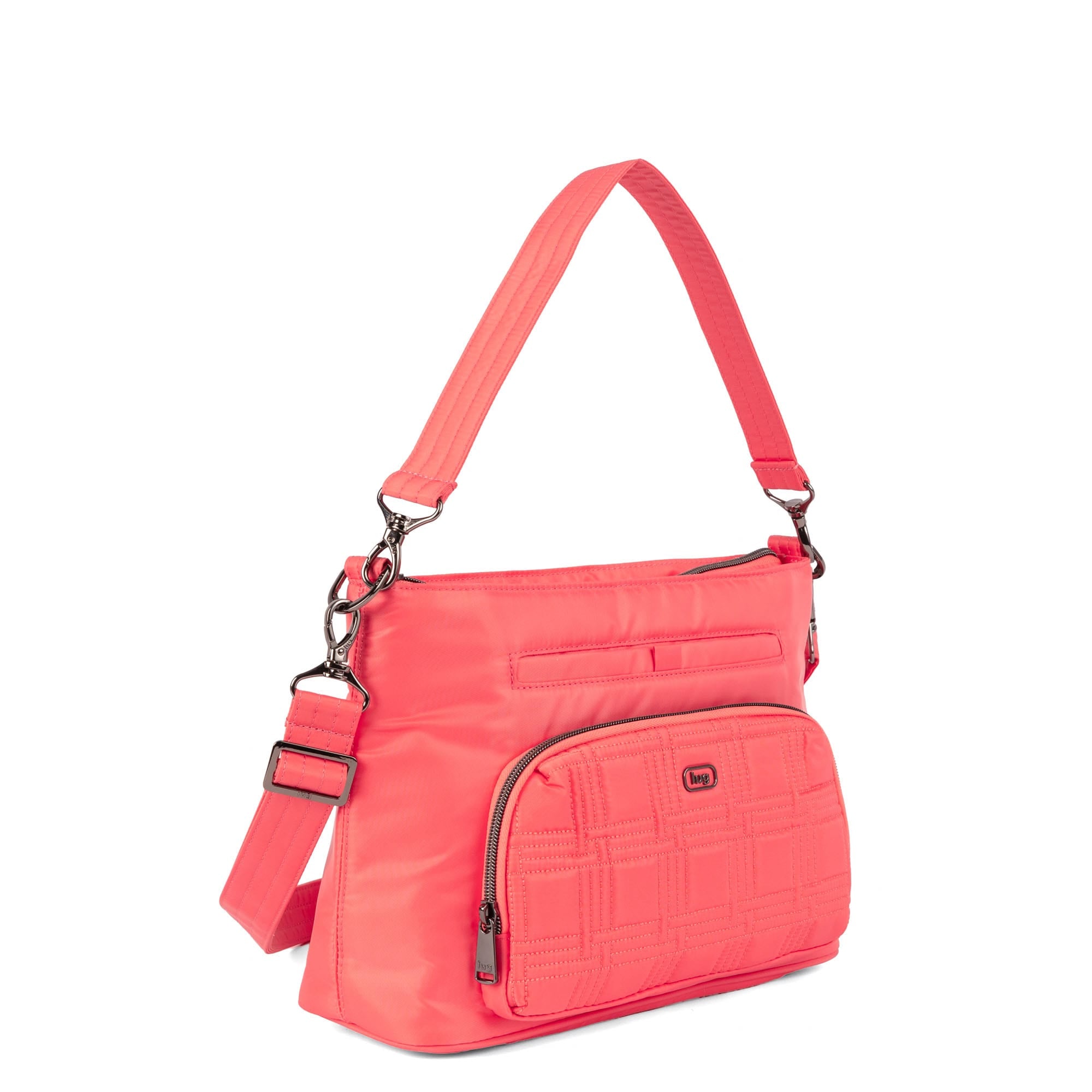 Lug Samba 2 convertible crossbody bag in pink grapefruit color with adjustable strap, showing side and front angles.