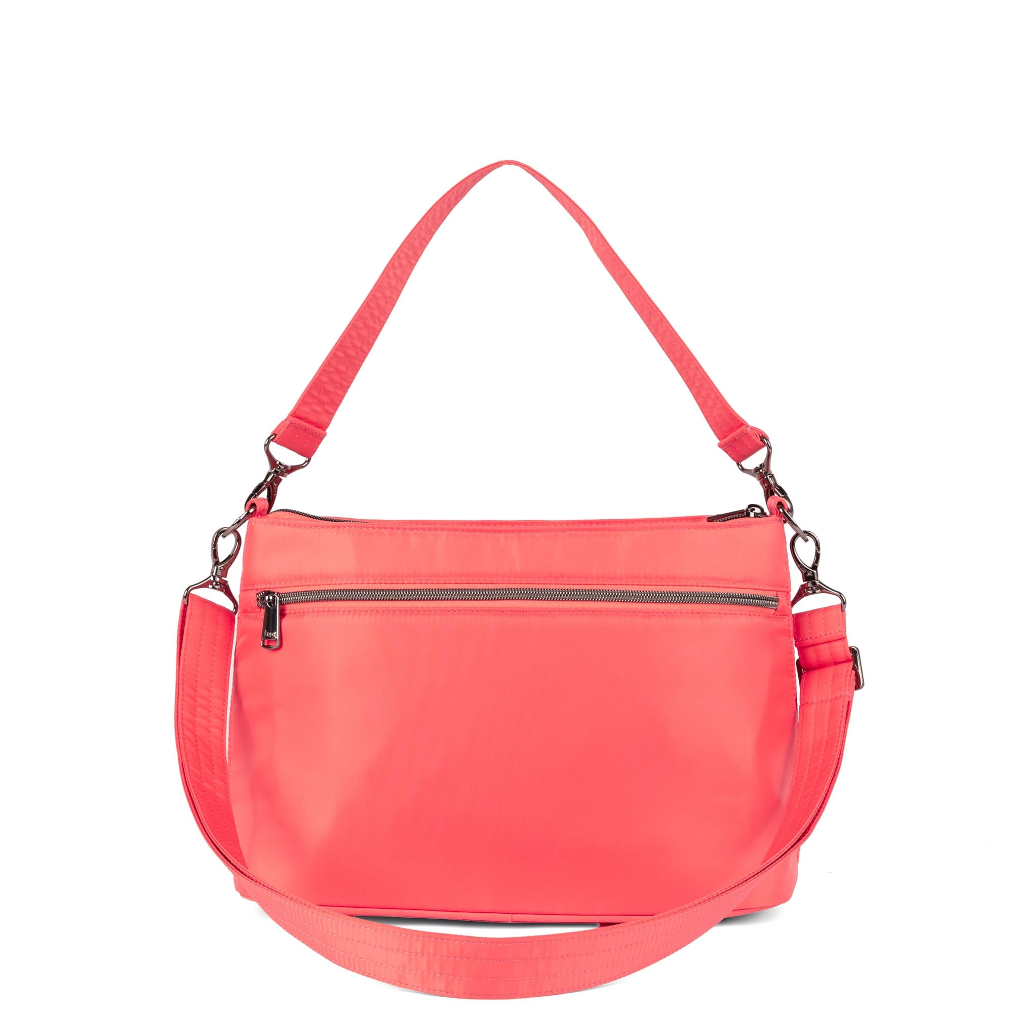 Lug Samba 2 convertible pink grapefruit crossbody bag with adjustable strap and sleek design, shown at an angle.