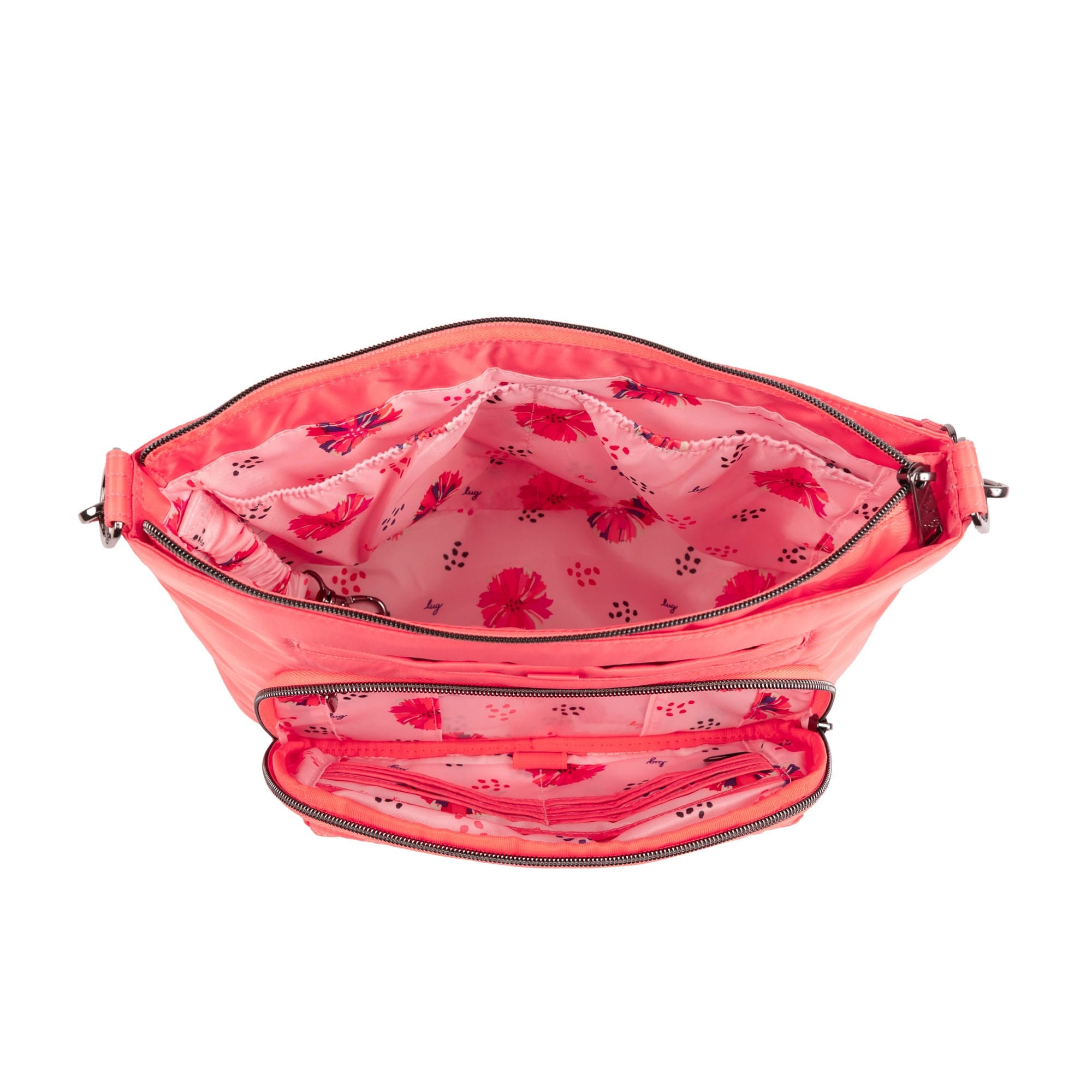 Lug Samba 2 Convertible Crossbody Bag in Pink Grapefruit, showing the bag's angled view and adjustable strap.