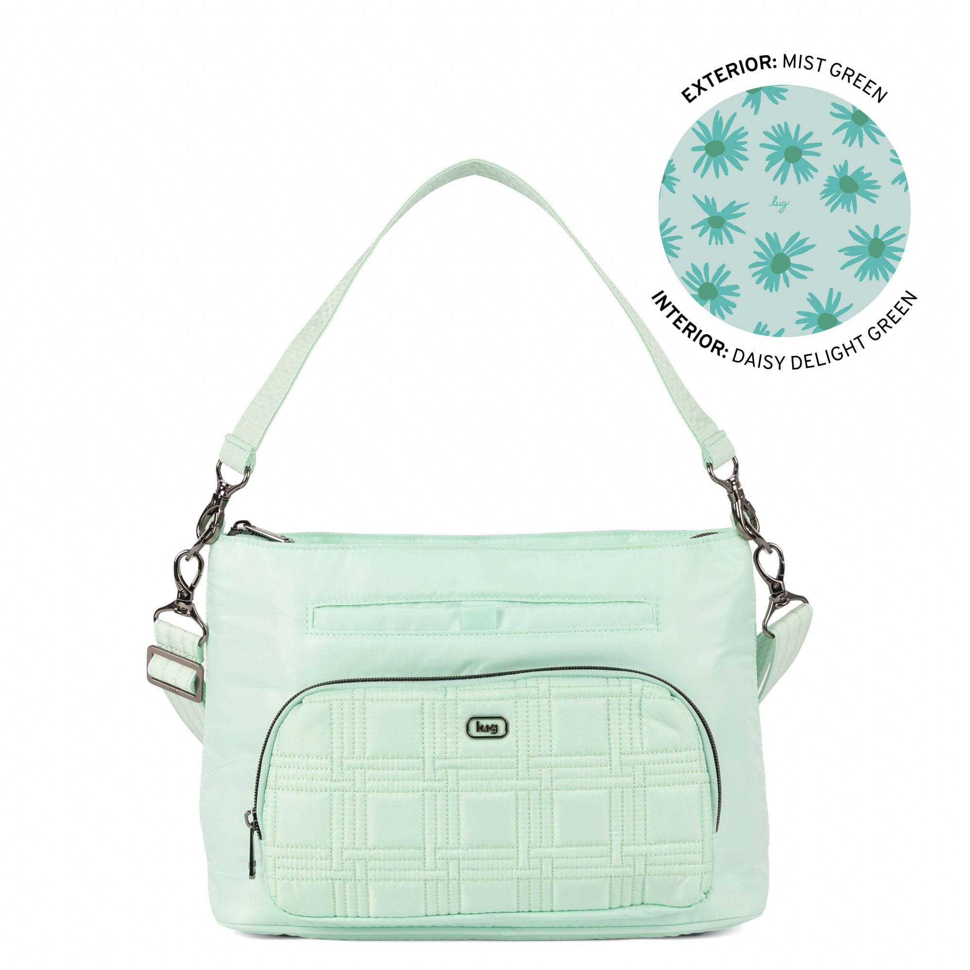 Lug Samba 2 convertible crossbody bag in Mist Green, showing its compact design and adjustable strap from an angled view.