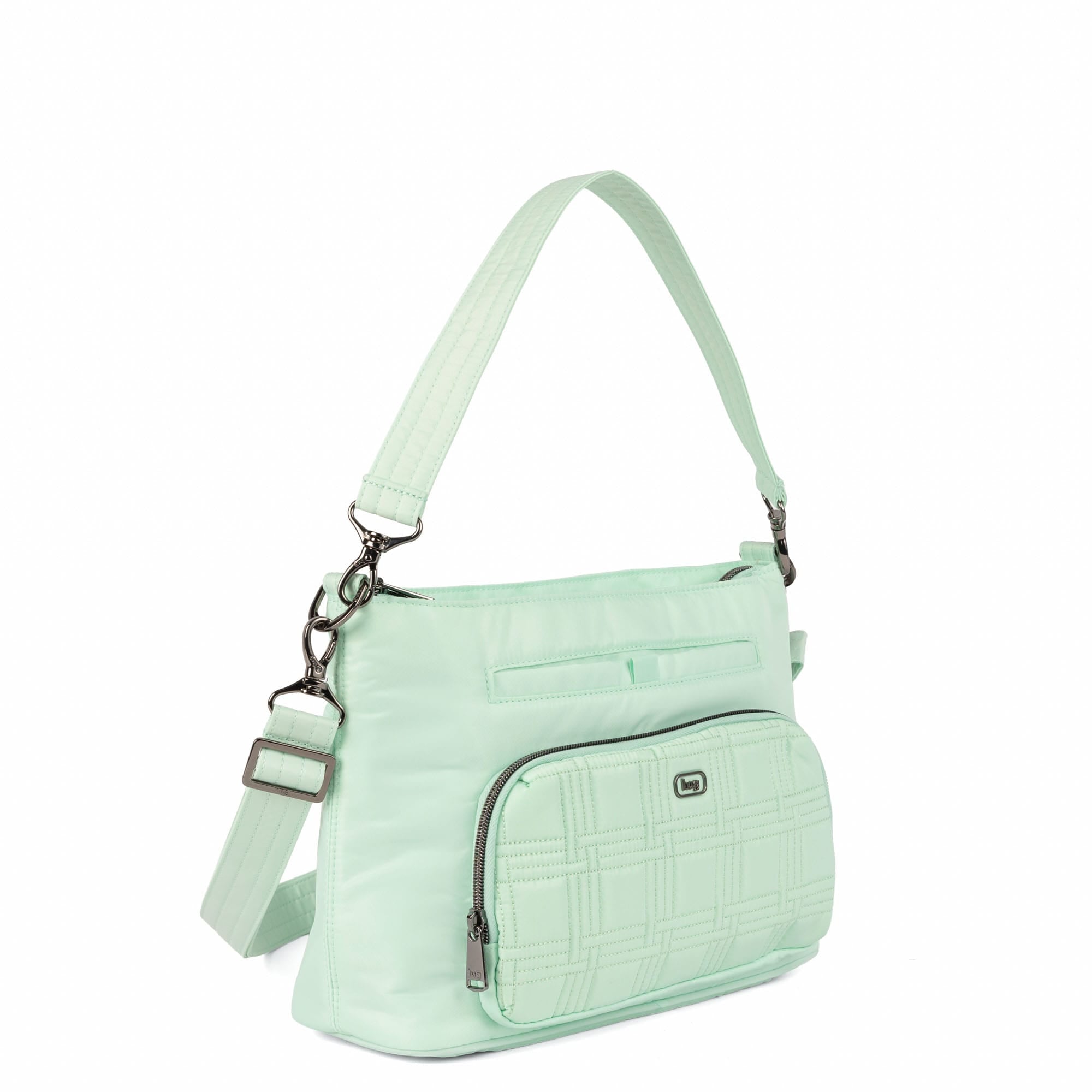 Lug Samba 2 convertible crossbody bag in Mist Green, shown from an angled view with its compact, stylish design.