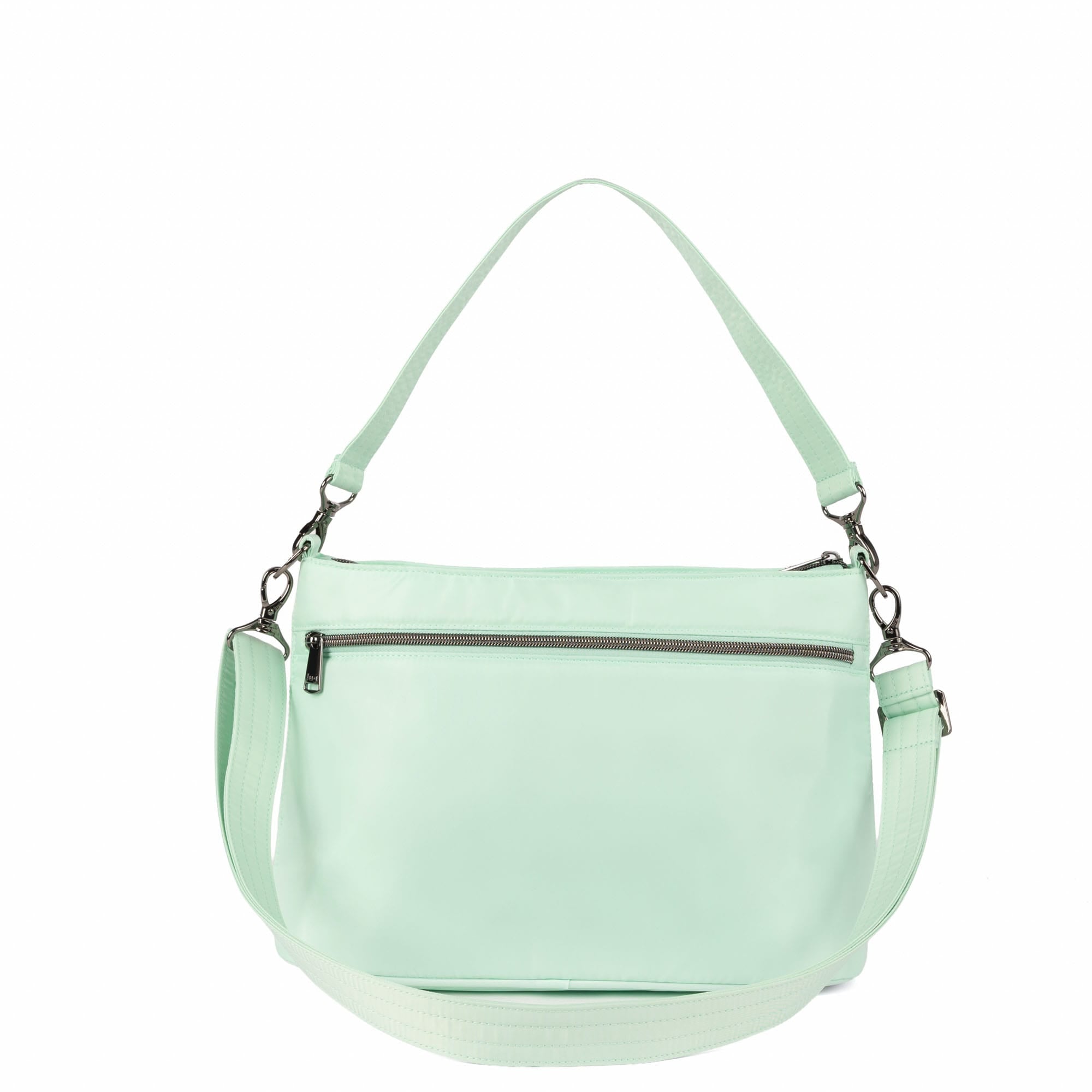 Lug Samba 2 convertible crossbody bag in Mist Green, showing the bag's compact design and adjustable strap from an angled view.