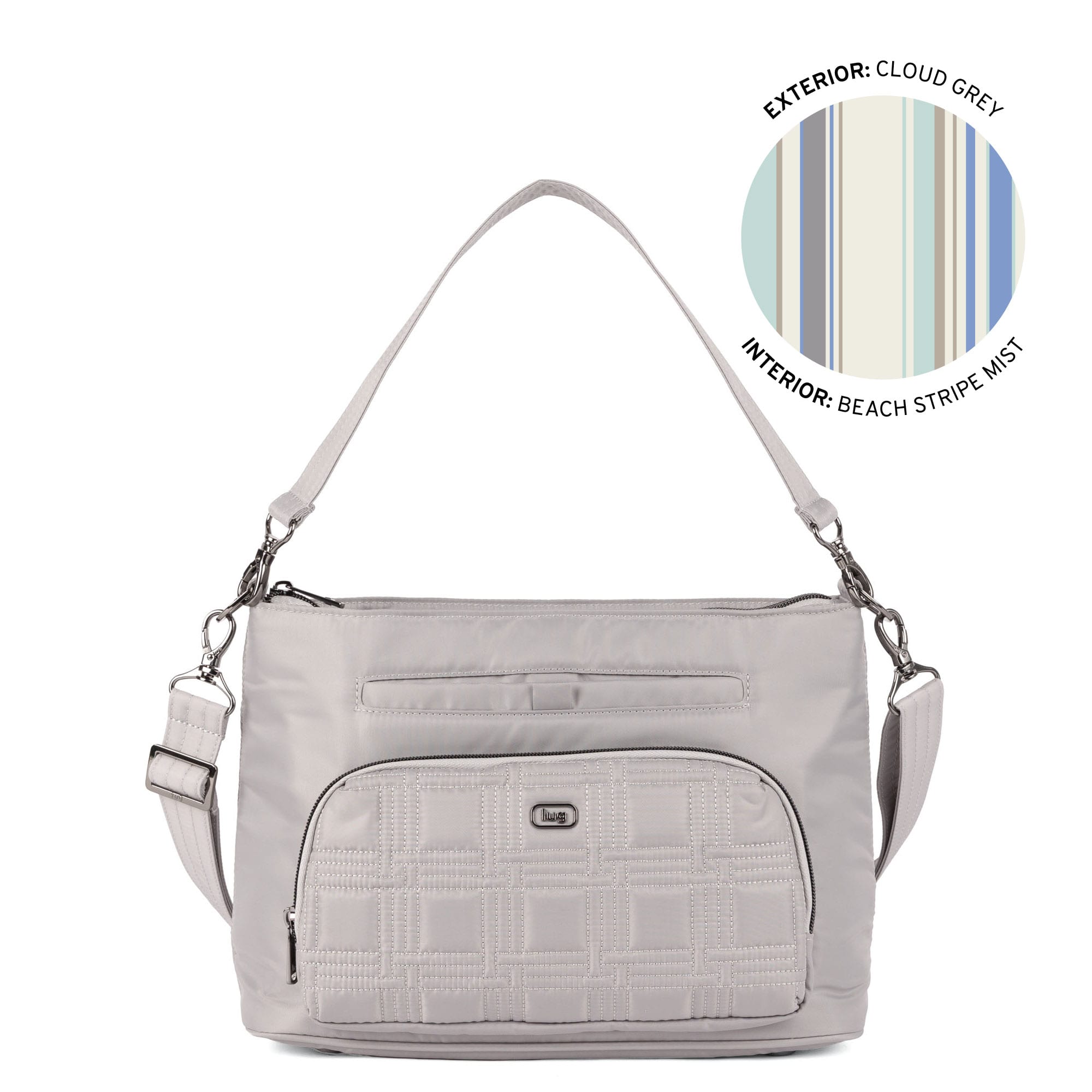 Lug Samba 2 convertible crossbody bag in grey cloud with multiple compartments, showing angled view of the stylish carry option.