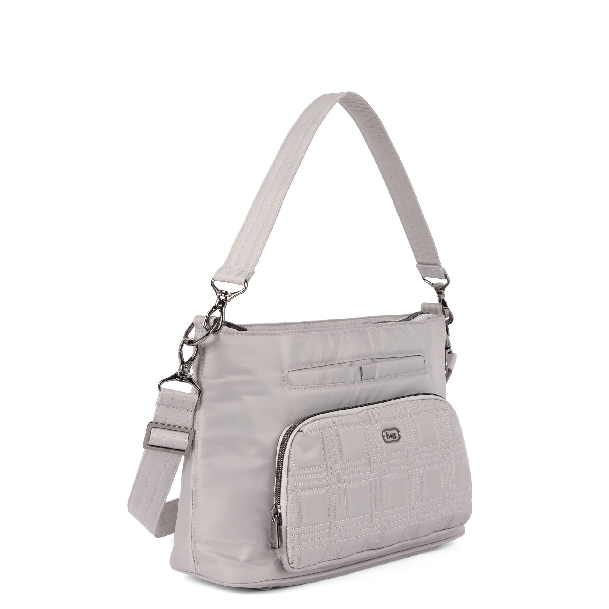 Lug Samba 2 convertible crossbody bag in grey cloud leather, shown from an angled side view with adjustable strap.