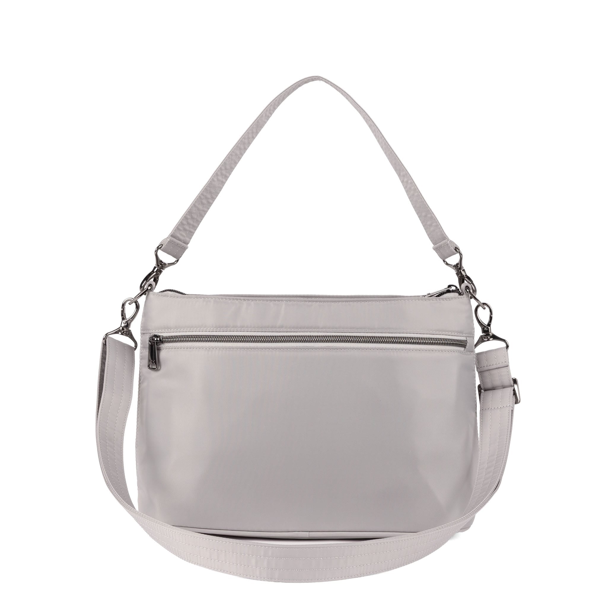 Lug Samba 2 convertible grey crossbody bag shown from an angled side view, featuring adjustable strap and sleek design.