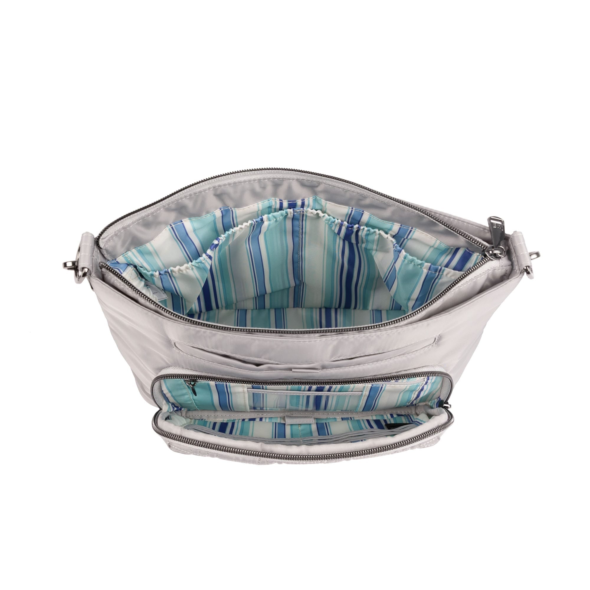 Lug Samba 2 convertible crossbody bag in grey cloud with adjustable strap and multiple compartments, angled view.