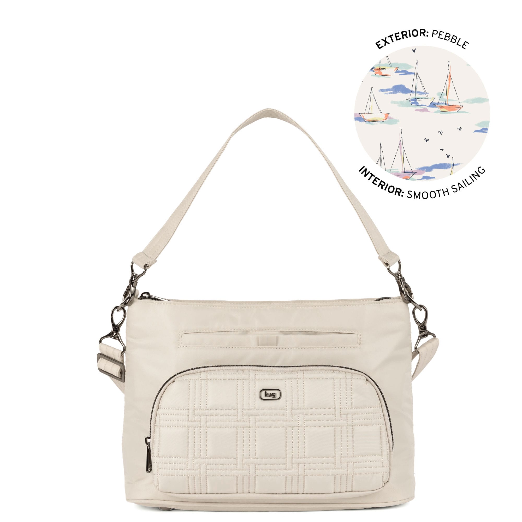 Lug Samba 2 convertible pebble leather crossbody bag with adjustable strap and multiple compartments, shown from an angle.