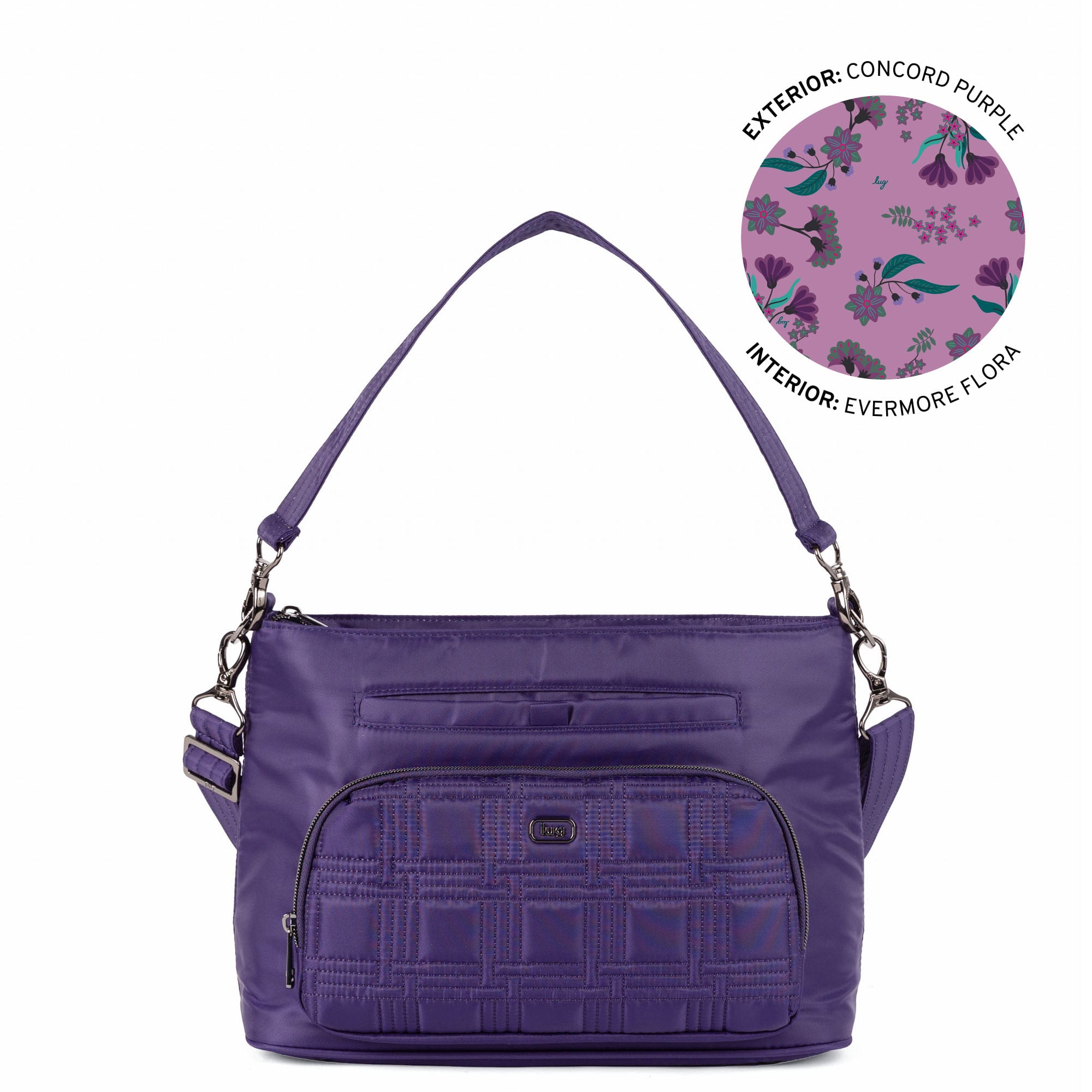 Lug Samba 2 Convertible Crossbody Bag in Concord Purple, showing the sleek design and adjustable strap from an angled view.