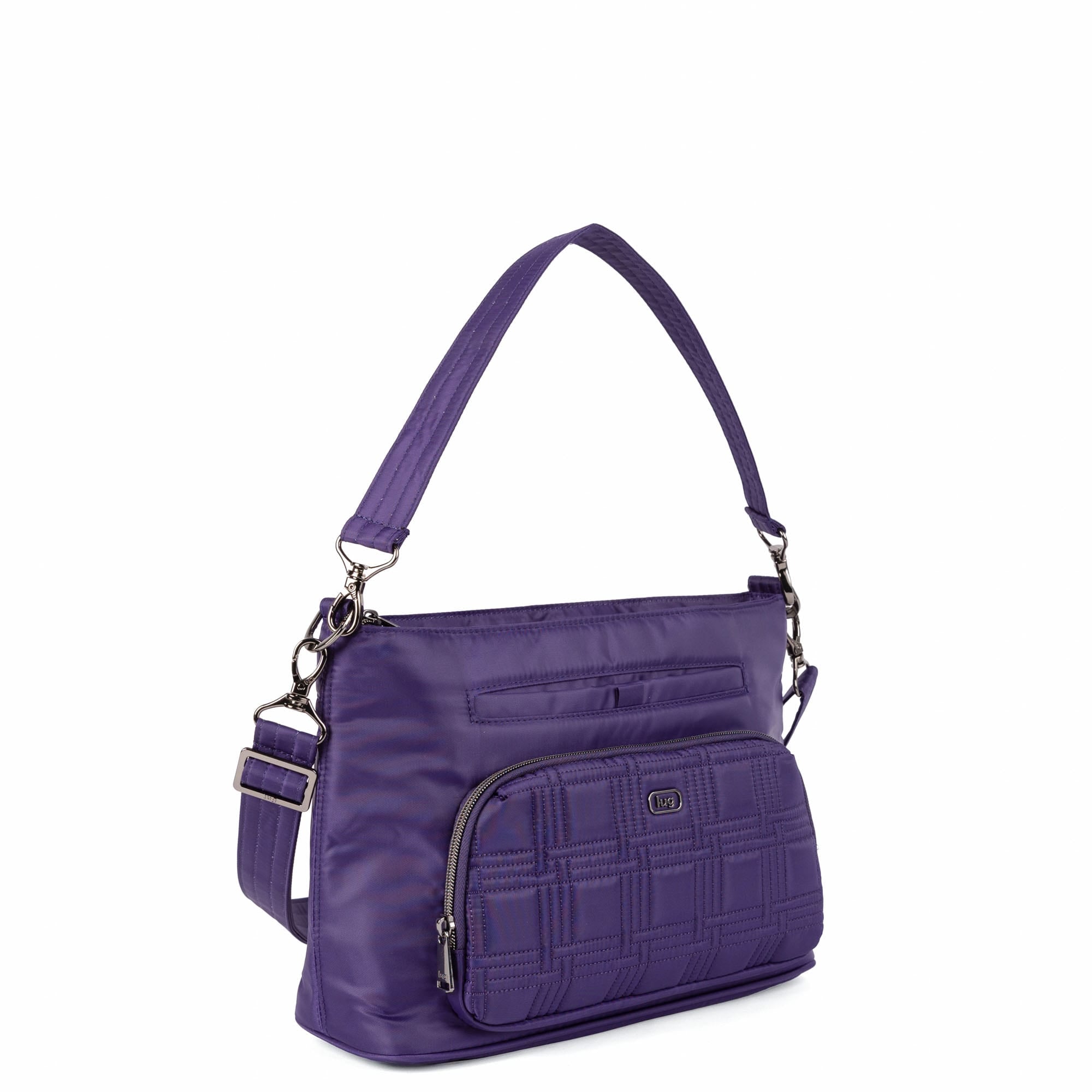 Lug Samba 2 Convertible Crossbody Bag in Concord Purple, shown from an angled view with adjustable strap and zippered compartments.