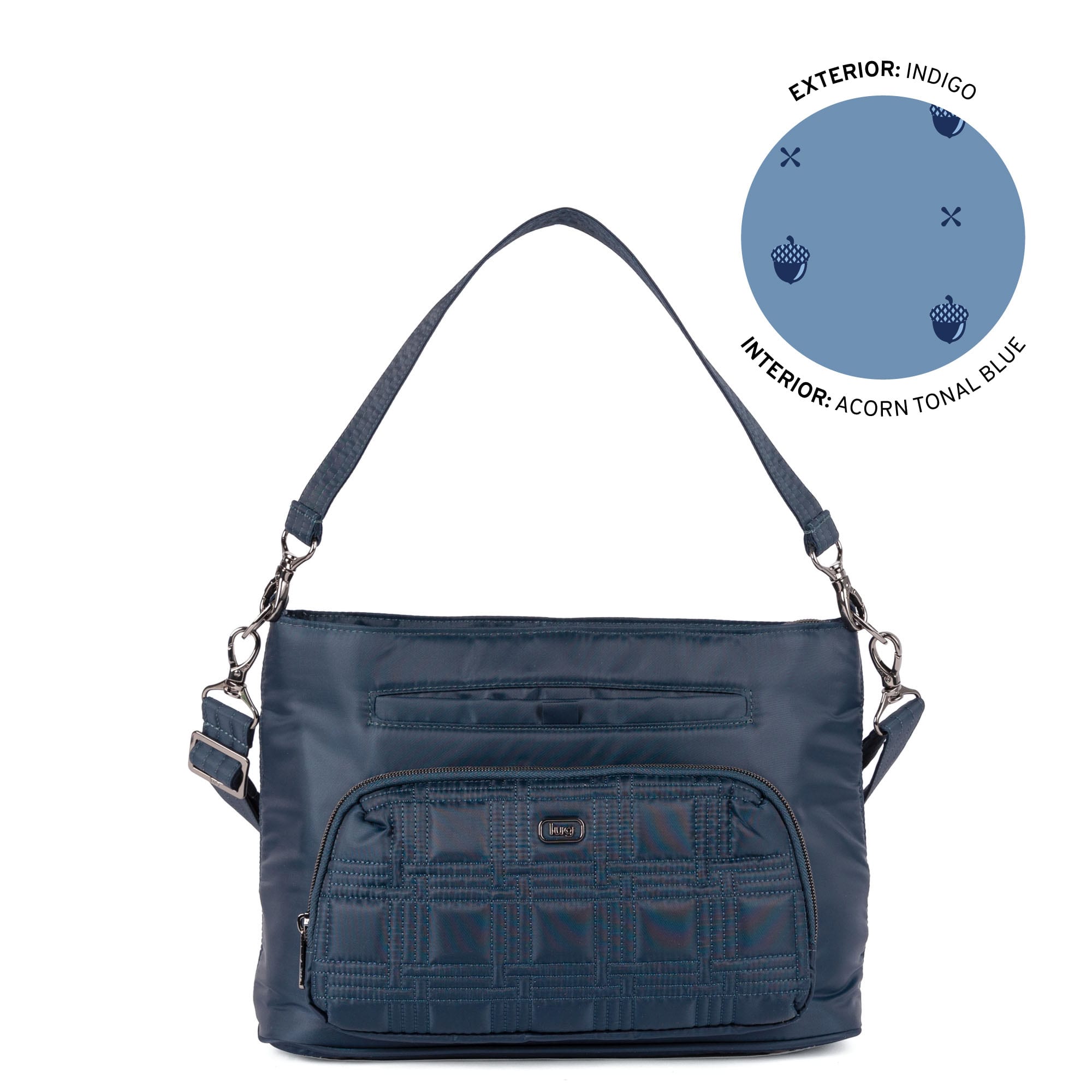 Lug Samba 2 convertible crossbody bag in indigo, showcasing its sleek design and adjustable strap from an angled view.