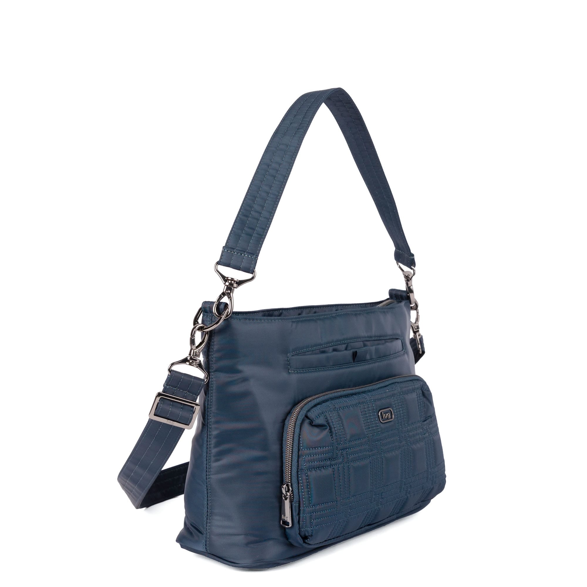 Lug Samba 2 Convertible Crossbody Bag in indigo, showing its sleek design and adjustable strap from an angled view.