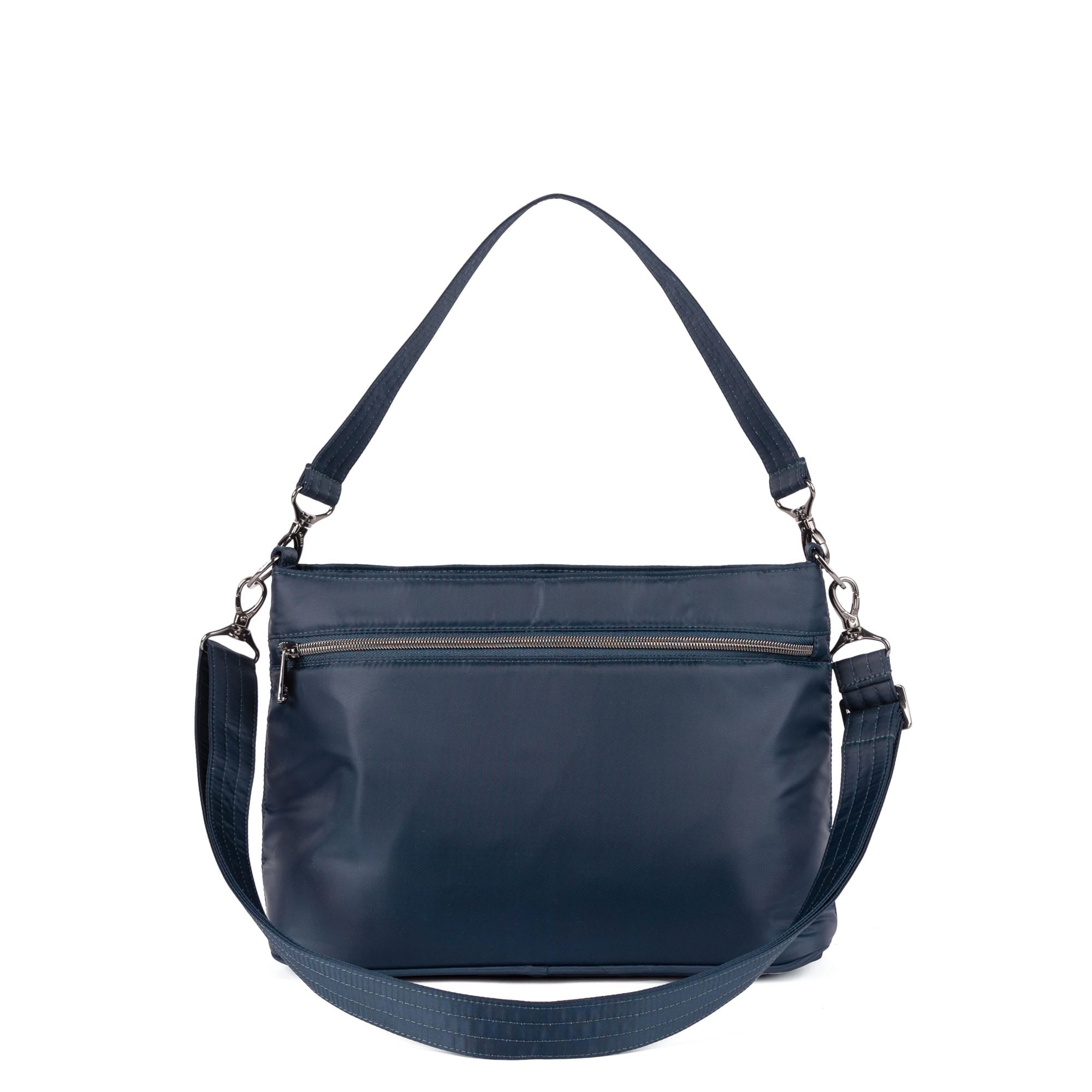 Lug Samba 2 Convertible Crossbody Bag in indigo, showing its sleek design and adjustable strap from an angled view.