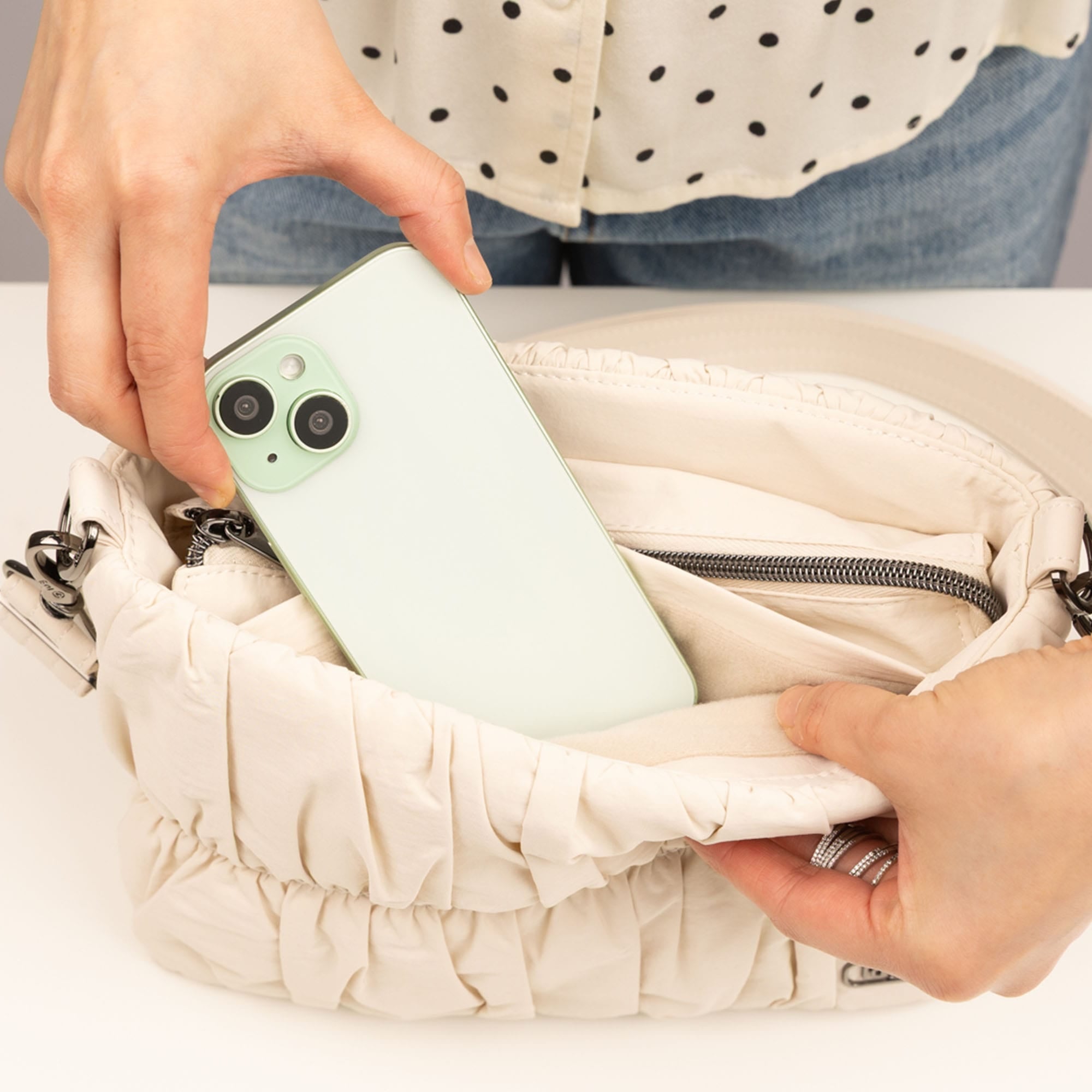 Flounce CloudGo Ruched Crossbody Bag - - 26157_Flounce_CloudGo_Macademia_Lifestyle_01