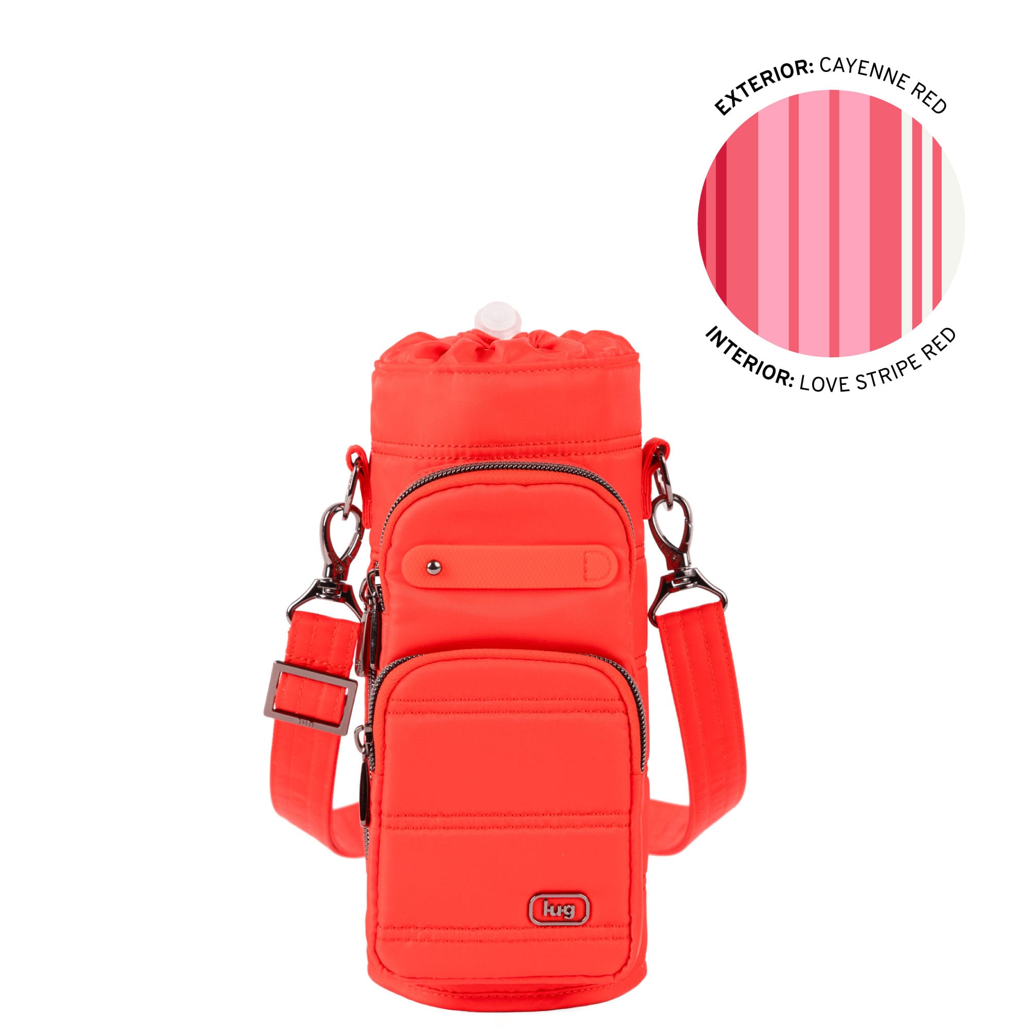 Lug Huggie Wide crossbody water bottle holder with charm bar in cayenne red, shown from an angle with the bottle inside.
