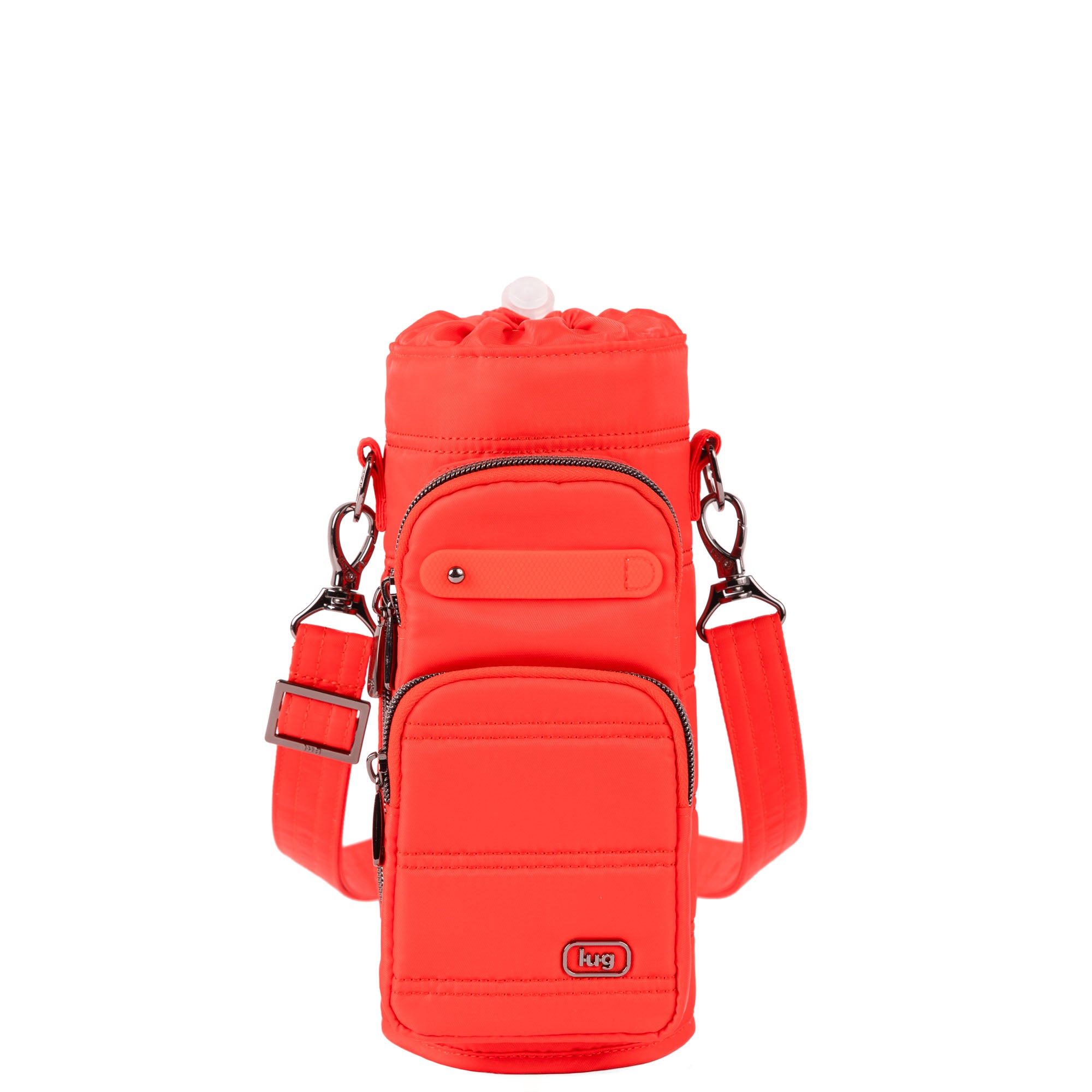 Lug Huggie Wide Crossbody Water Bottle Holder with Charm Bar in Cayenne Red, showing the compact, stylish bag from an angle.