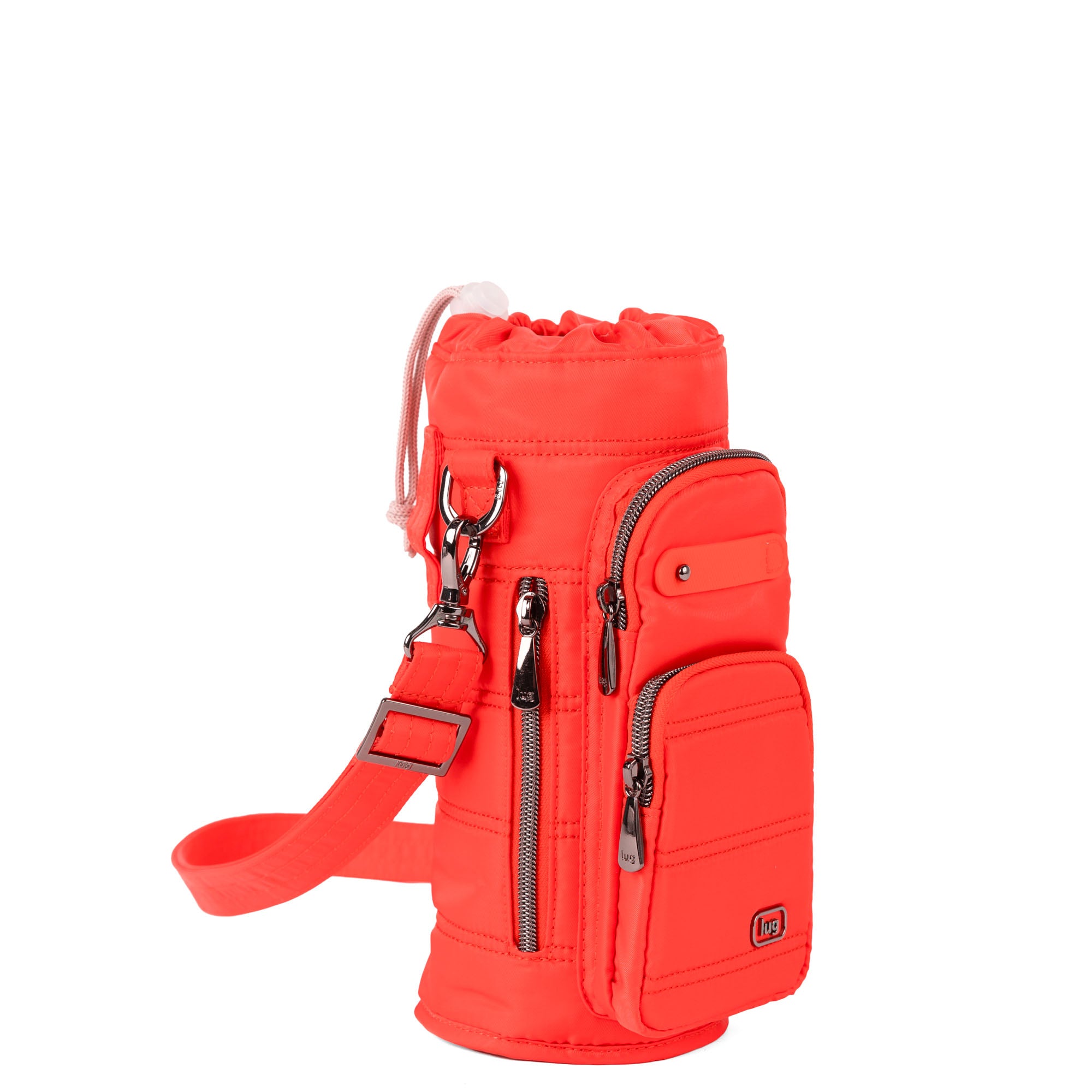 Lug Huggie Wide crossbody water bottle holder with charm bar in cayenne red, designed for carrying water bottles comfortably.