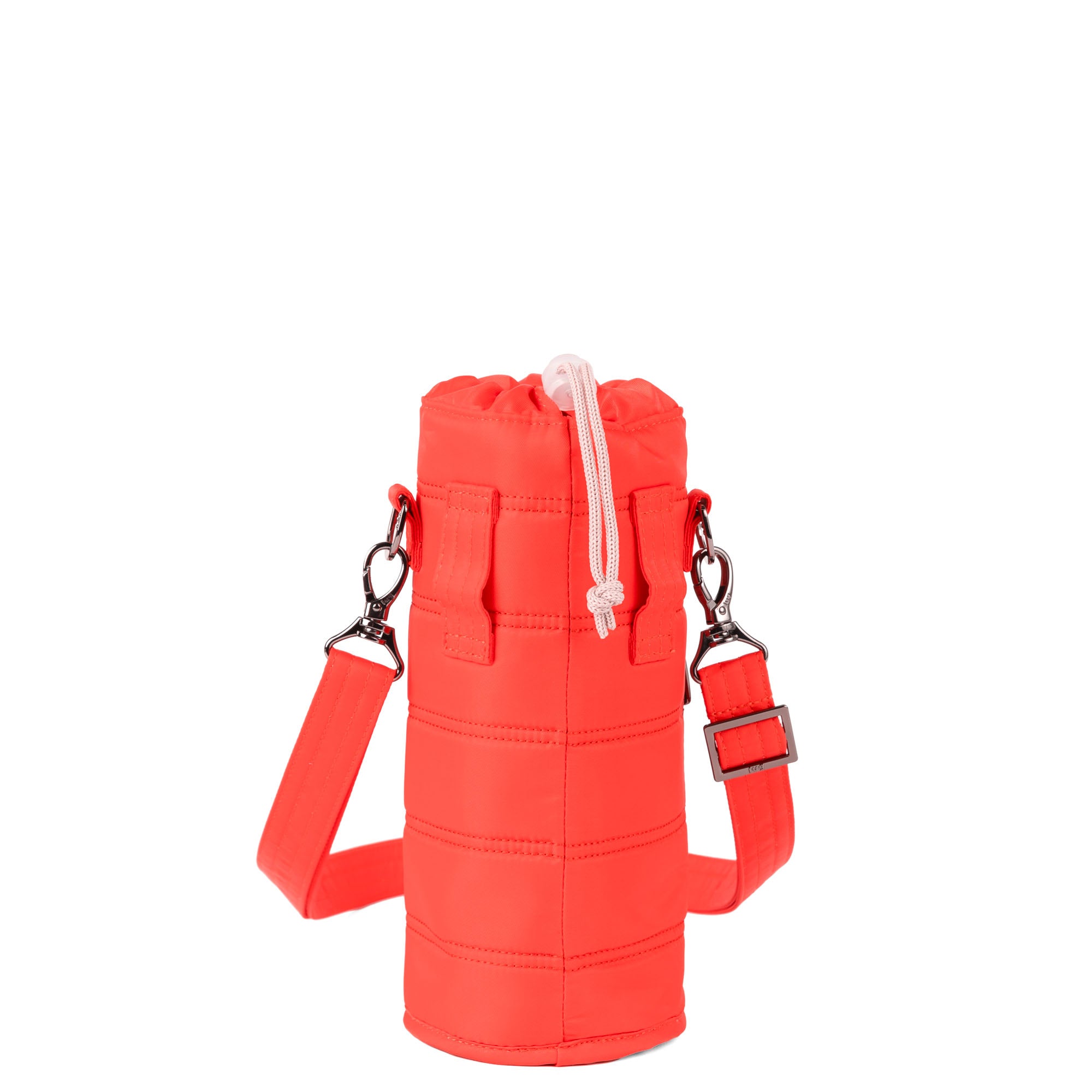 Lug Huggie Wide crossbody water bottle holder with charm bar in cayenne red, showing adjustable strap and water bottle pocket.