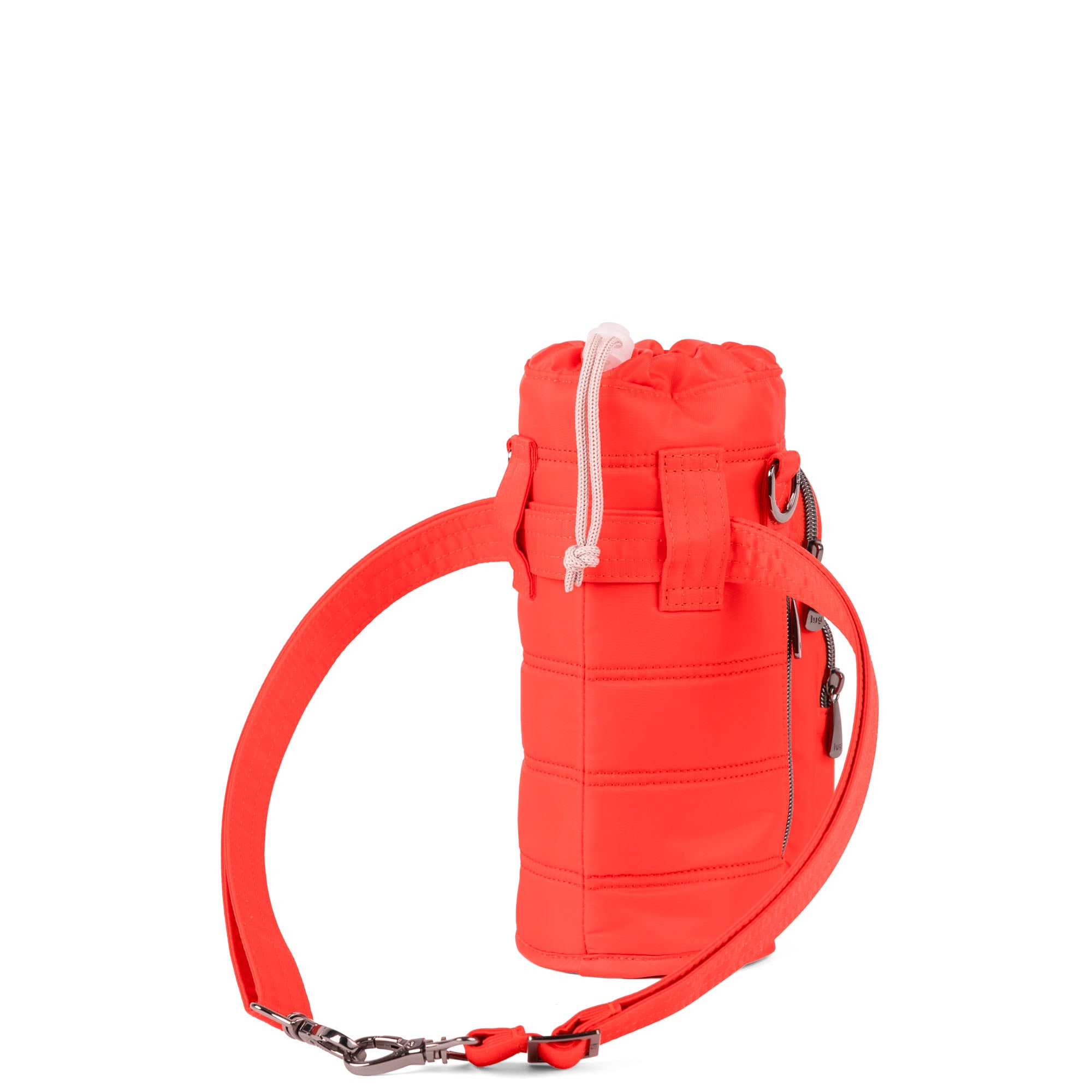 Lug Huggie Wide Crossbody water bottle holder in Cayenne Red with charm bar and adjustable strap, displayed from an angled view.