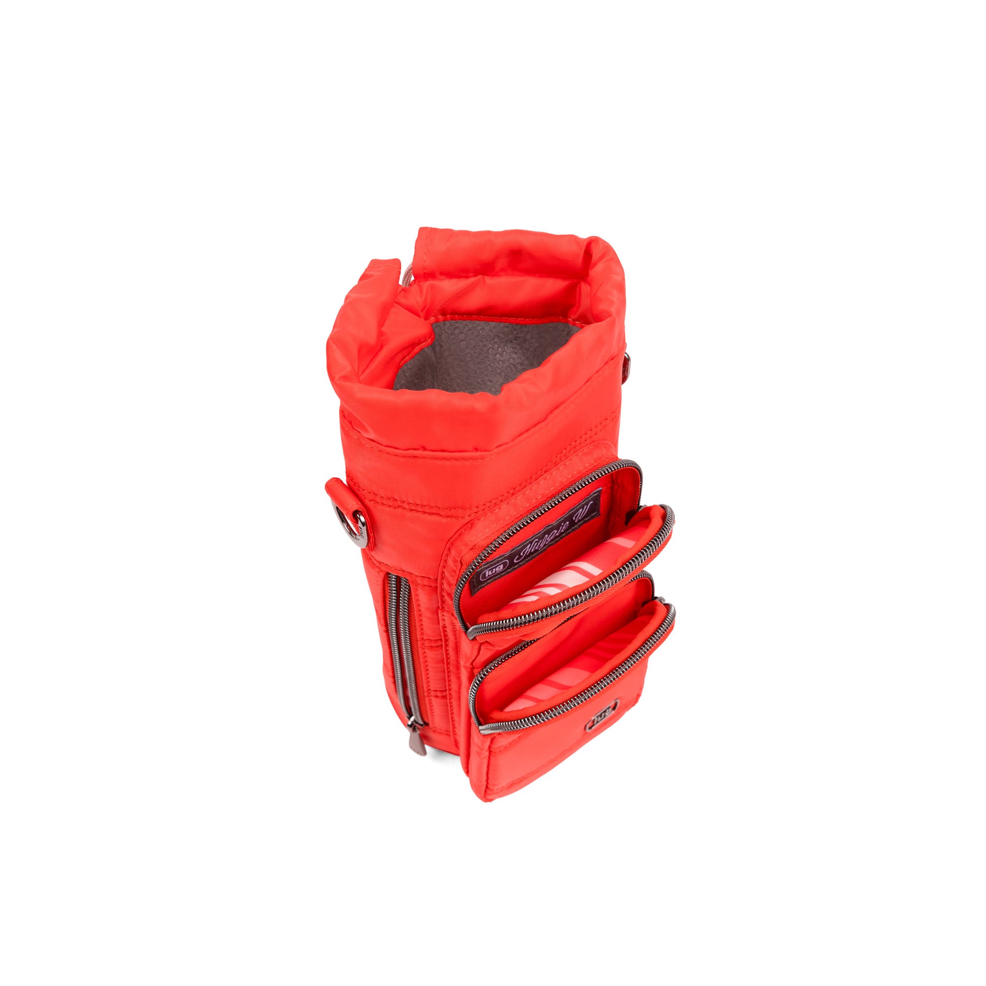 Lug Huggie Wide crossbody water bottle holder with charm bar in Cayenne Red, featuring adjustable strap and sleek design.