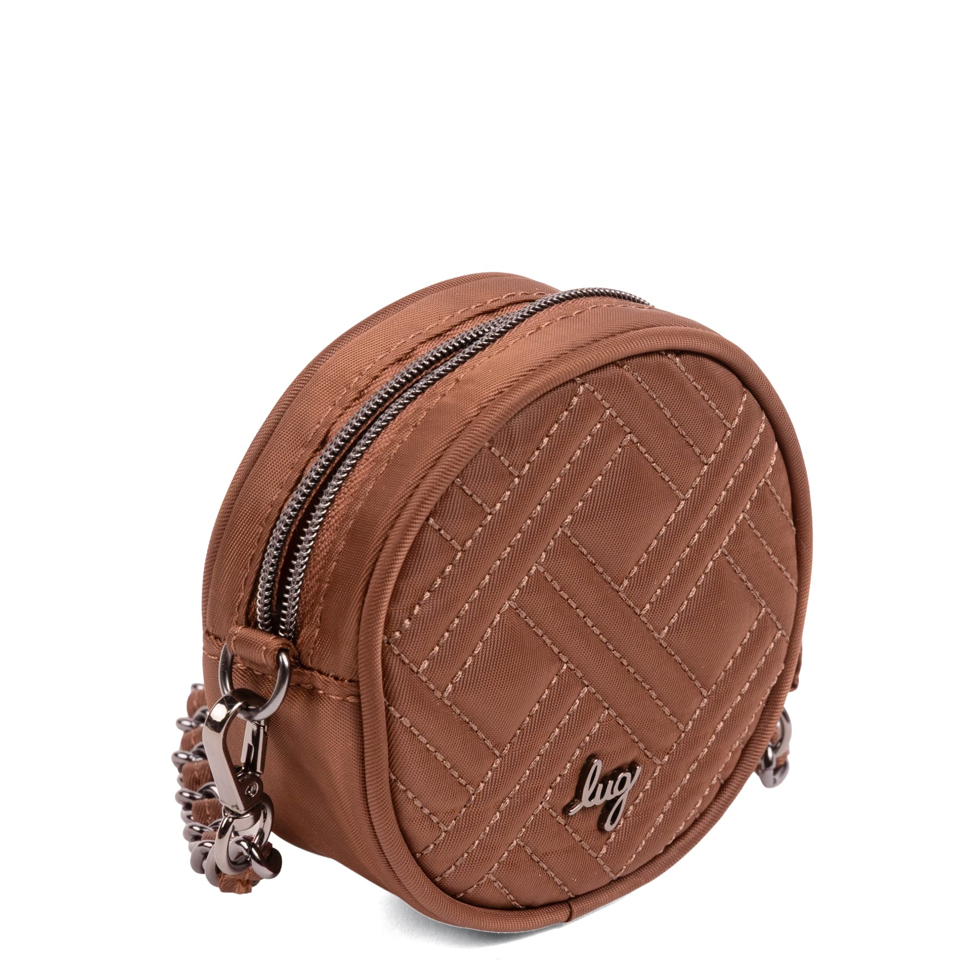 Wagon Wheel Circle Pouch with Metal Chain Wristlet - CHOCOLATE BROWN - 27101_WheelWagon_ChocolateBrown_Angle_02