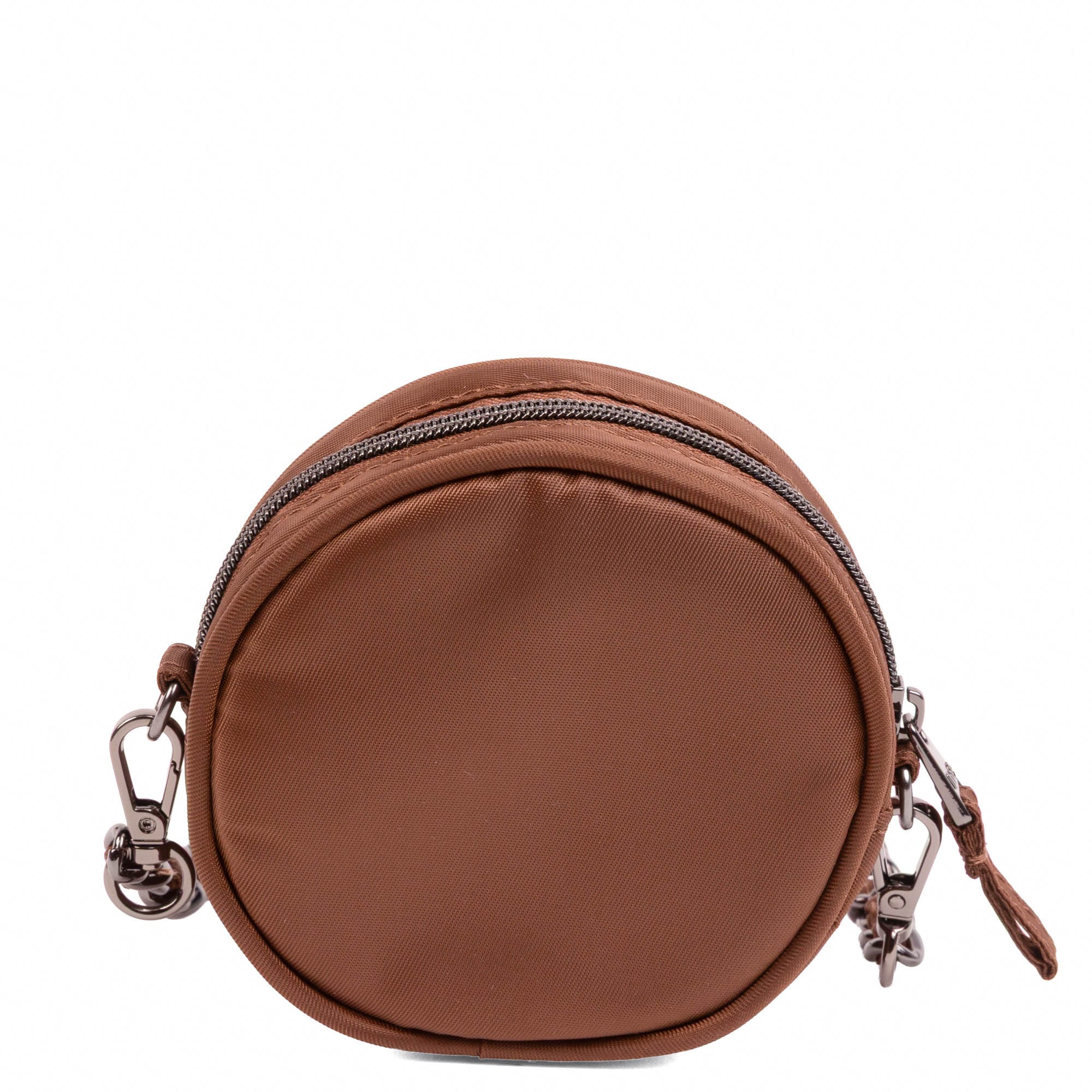 Wagon Wheel Circle Pouch with Metal Chain Wristlet - CHOCOLATE BROWN - 27101_WheelWagon_ChocolateBrown_Angle_04