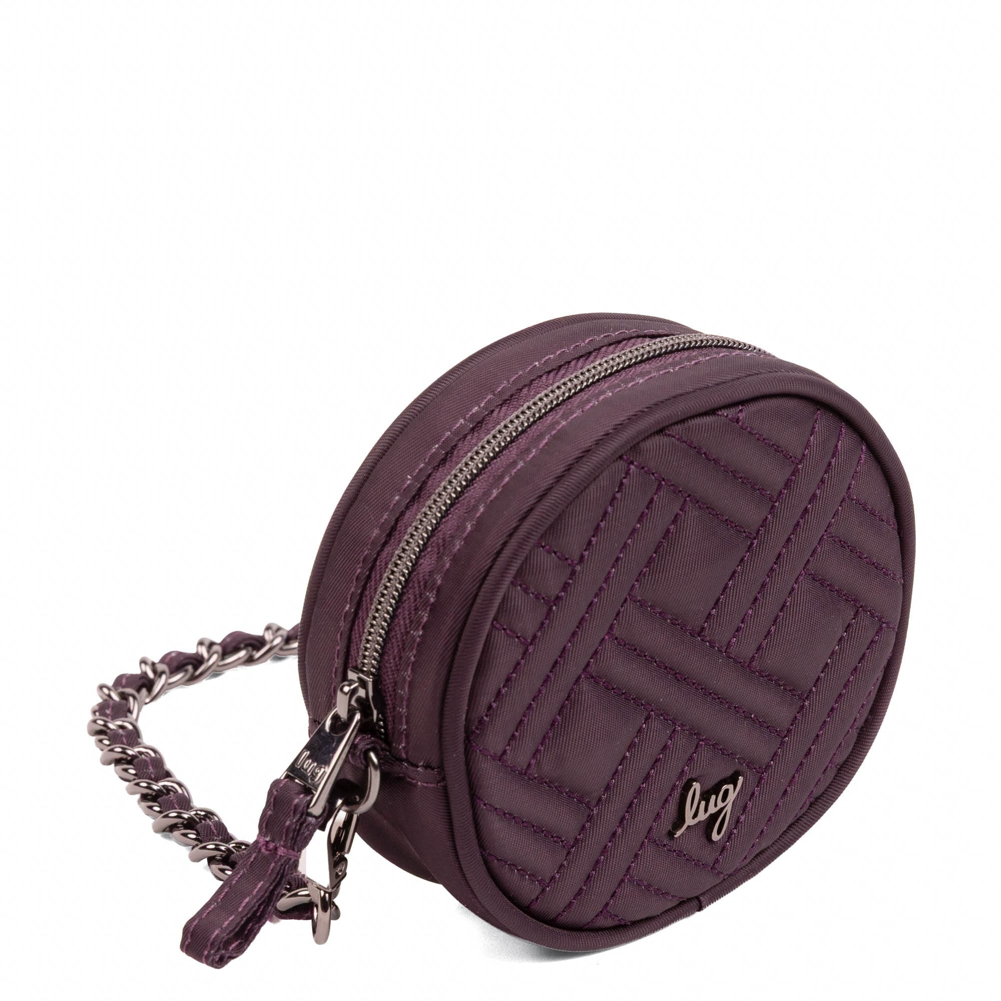 Wagon Wheel Circle Pouch with Metal Chain Wristlet - PLUM - 27102_WheelWagon_Plum_Angle_02