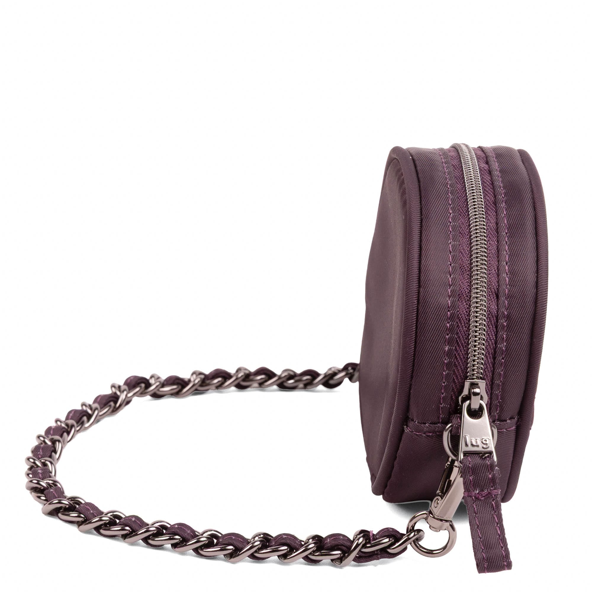 Wagon Wheel Circle Pouch with Metal Chain Wristlet - PLUM - 27102_WheelWagon_Plum_Angle_03