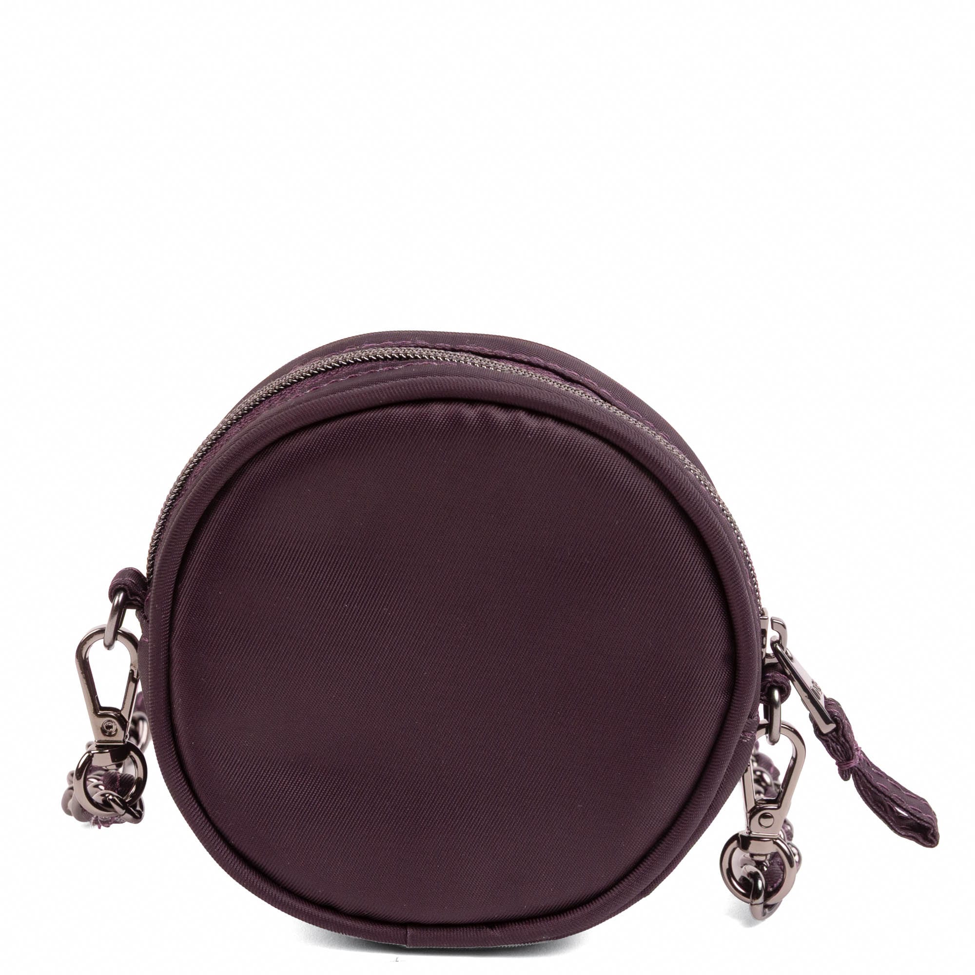Wagon Wheel Circle Pouch with Metal Chain Wristlet - PLUM - 27102_WheelWagon_Plum_Angle_04