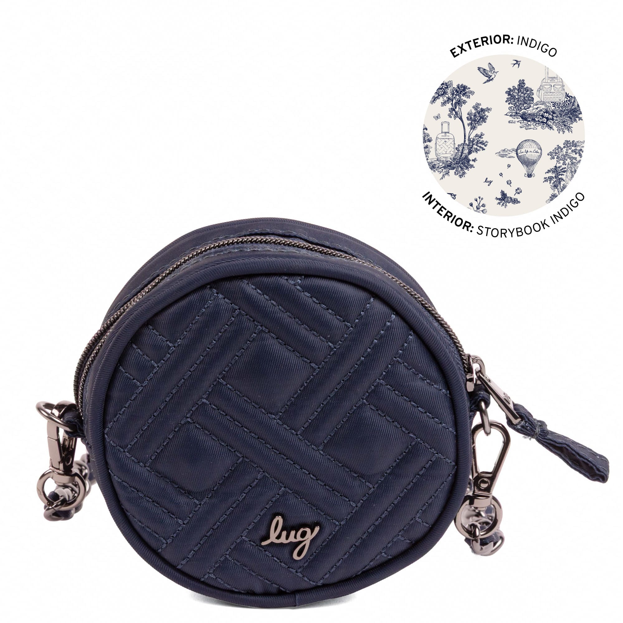Wagon Wheel Circle Pouch with Metal Chain Wristlet - INDIGO - 27103_WheelWagon_Indigo_Angle_01